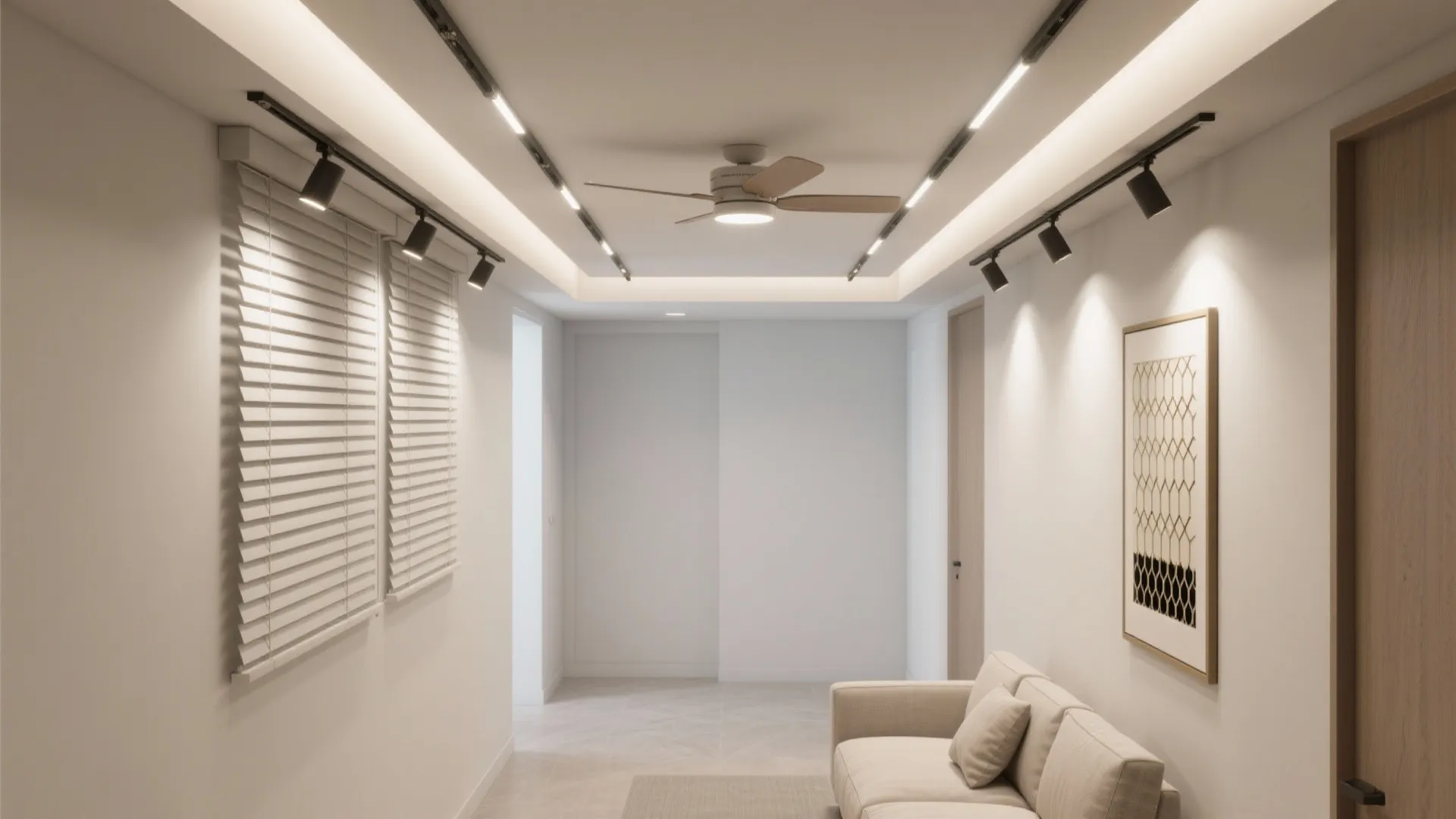 Modern living room hallway featuring black track lights a wooden ceiling fan and white walls