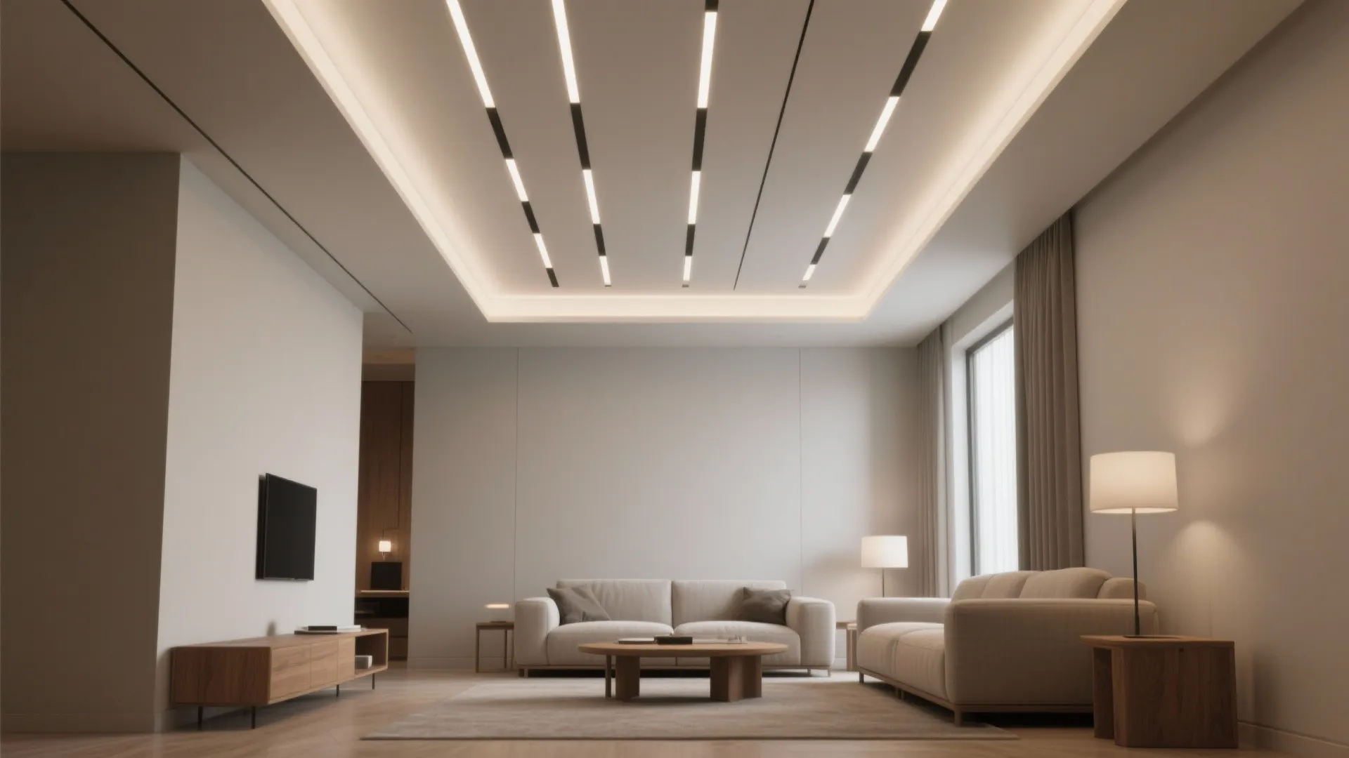 Modern living room with beige sofas wooden coffee table ceiling light and large windows with curtains
