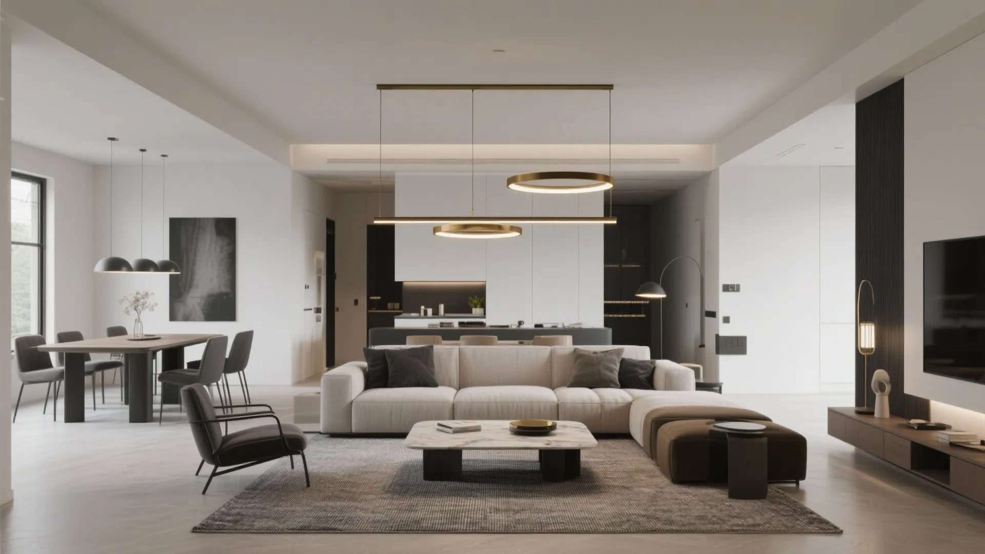 Open-plan living room with a slim linear pendant zoning seating and an airy double ring over the coffee table.