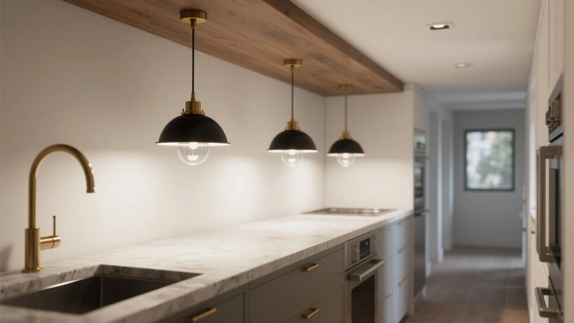 Narrow kitchen island lit by a linear row of three medium pendants providing even task light and visual rhythm.