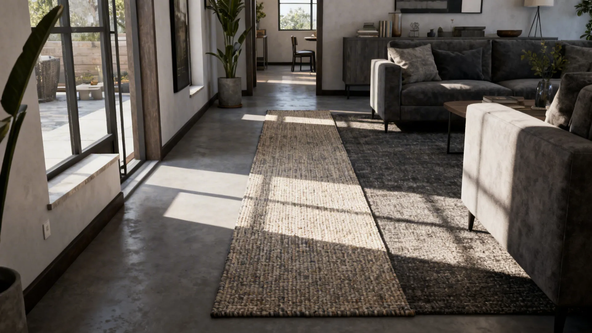 Long runner rug unifying zones with furniture partially on the rug in a narrow living room.