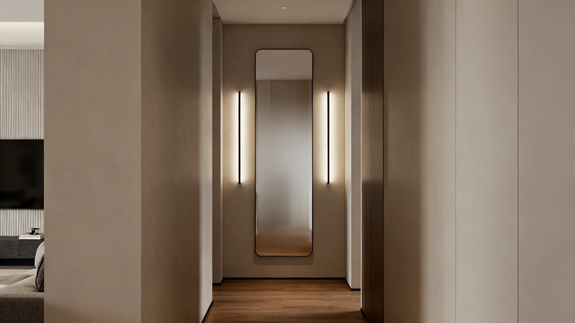 Narrow living room with slim vertical linear sconces flanking a tall mirror to emphasize height.