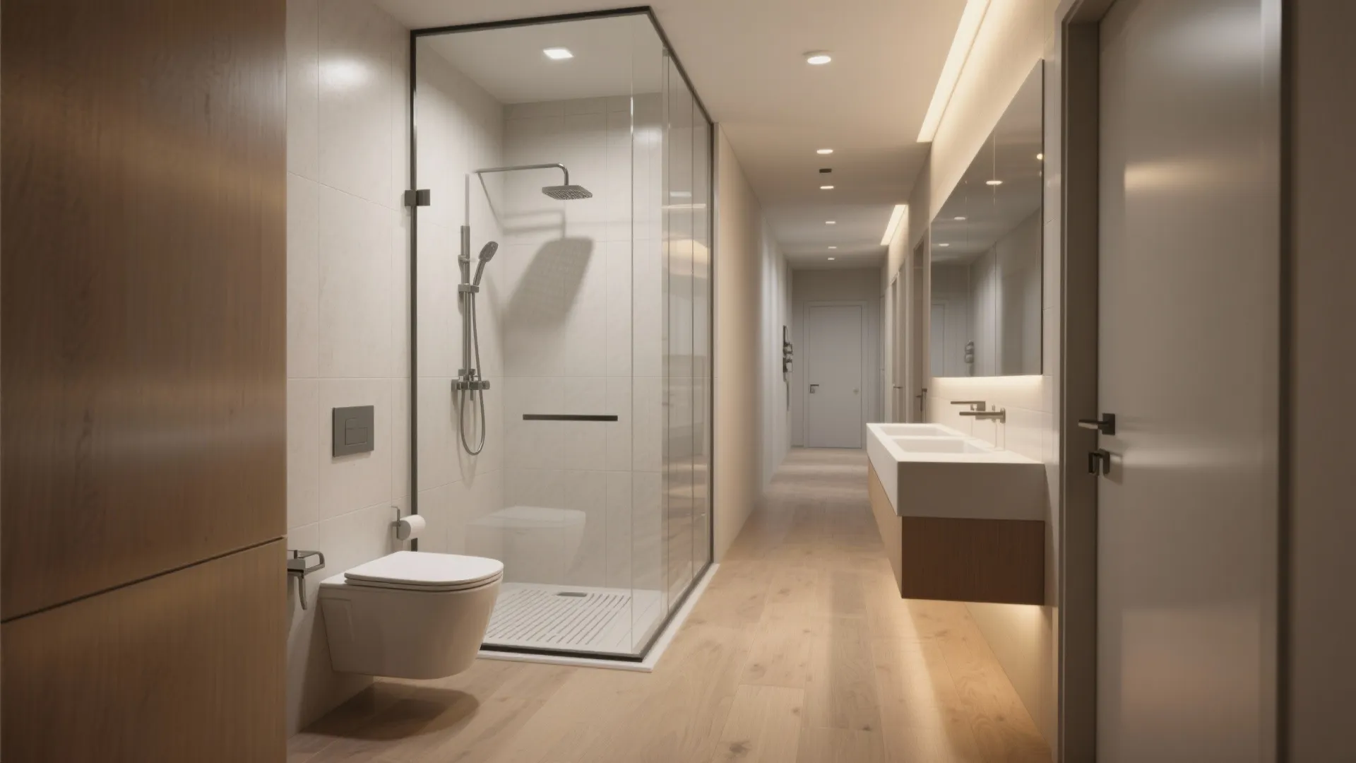 1. Embrace a linear layout with a walk-in shower