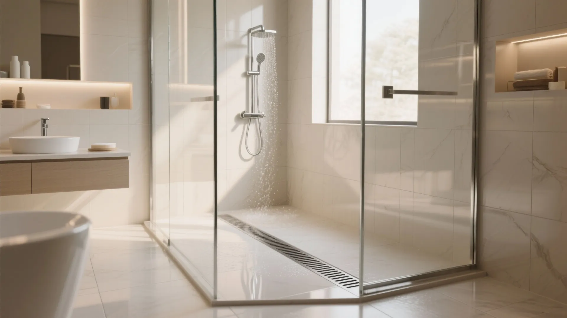 Modern glass shower cabin with long black floor drain plus water flowing from silver shower