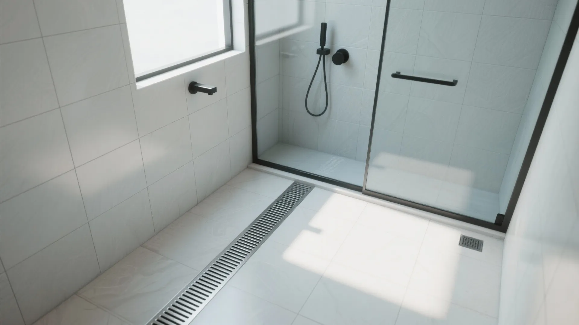 Modern bathroom with white tiles and a long metal floor drain near a glass shower