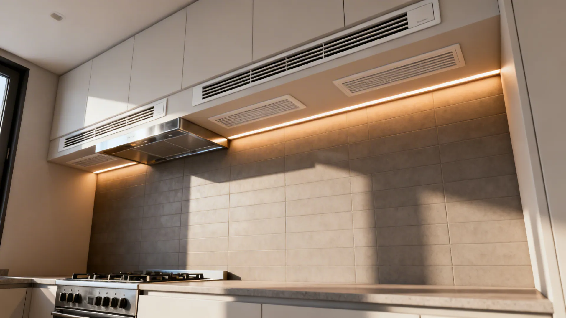 Compact kitchen bulkhead with linear slot diffusers and concealed LED strip illuminating the backsplash.