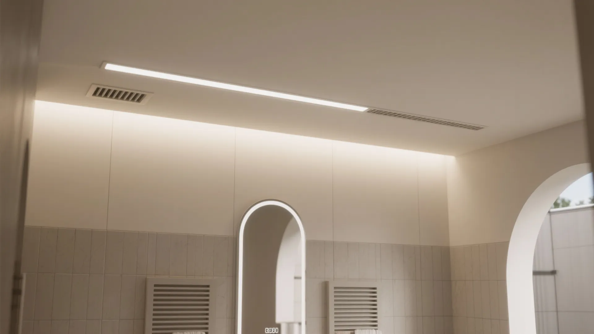 Modern bathroom ceiling with a long linear light fixture next to an air vent opening