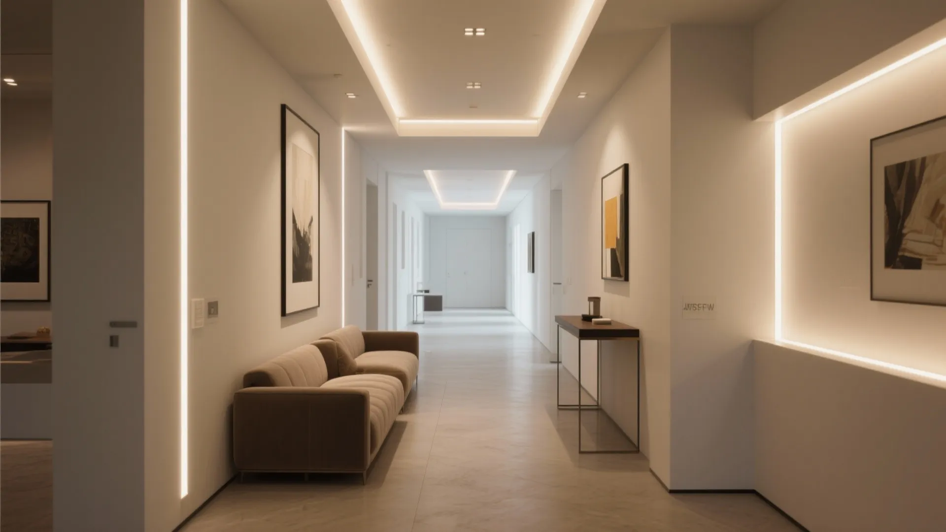 Modern long white hallway with hidden light fixtures sofa small table and minimalist wall art decor