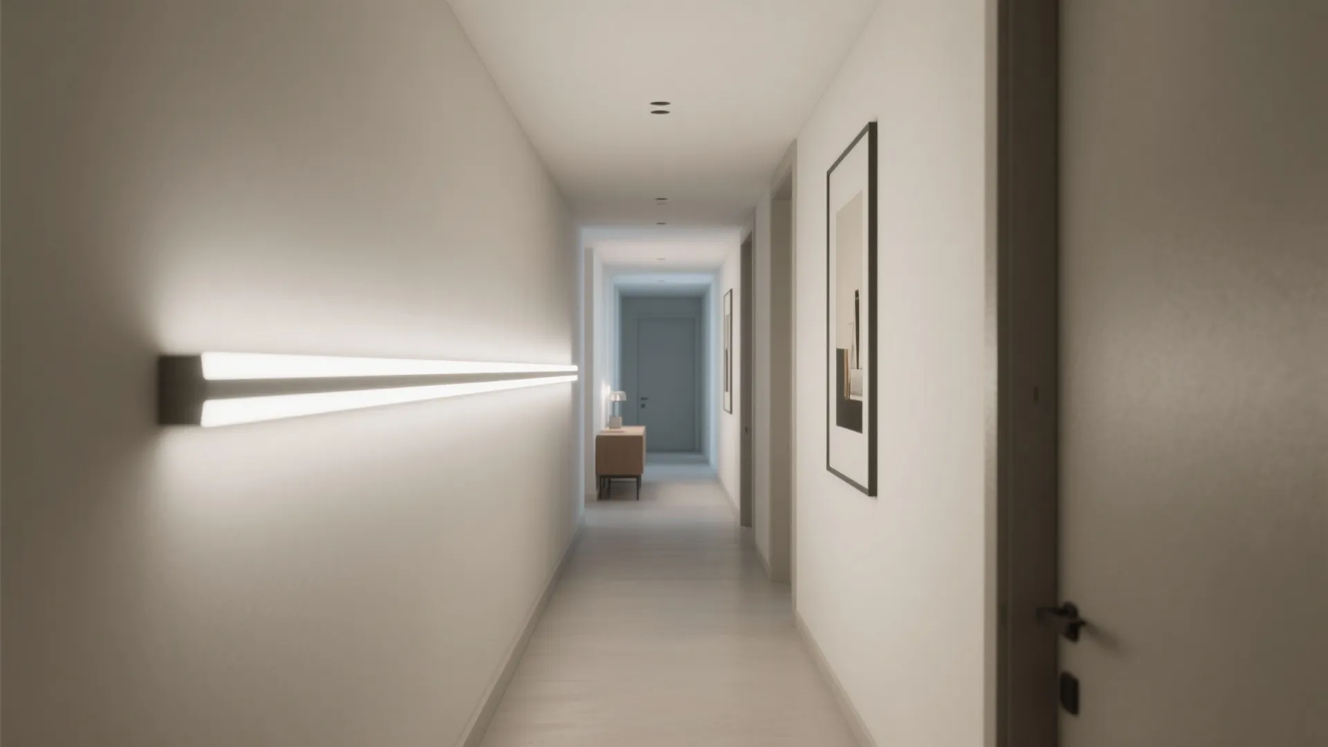 Modern long hallway with a bright linear light fixture on the wall and framed wall art