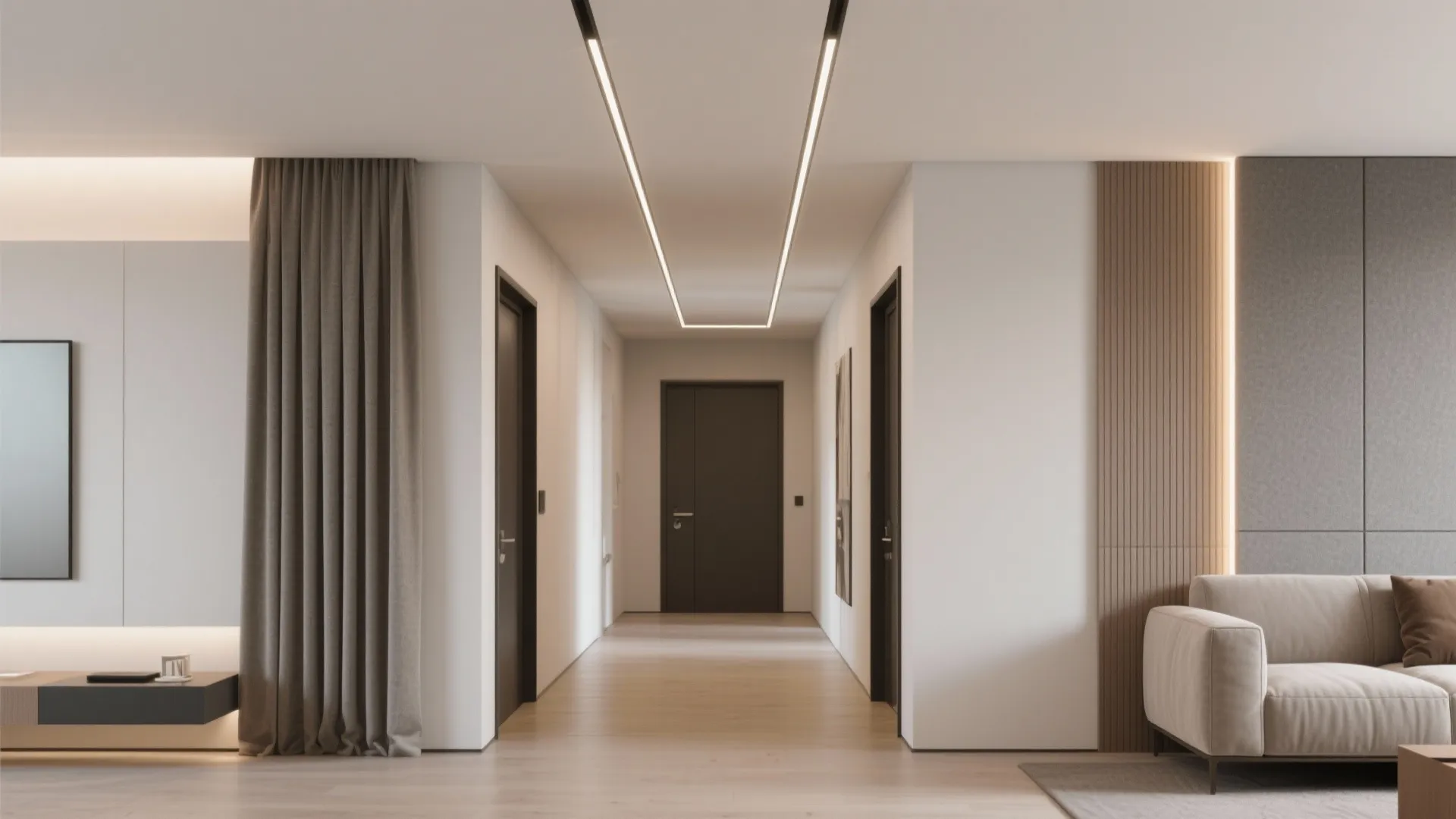 Modern hall with two slim linear slot lights in a gypsum ceiling aligned to furniture and circulation.