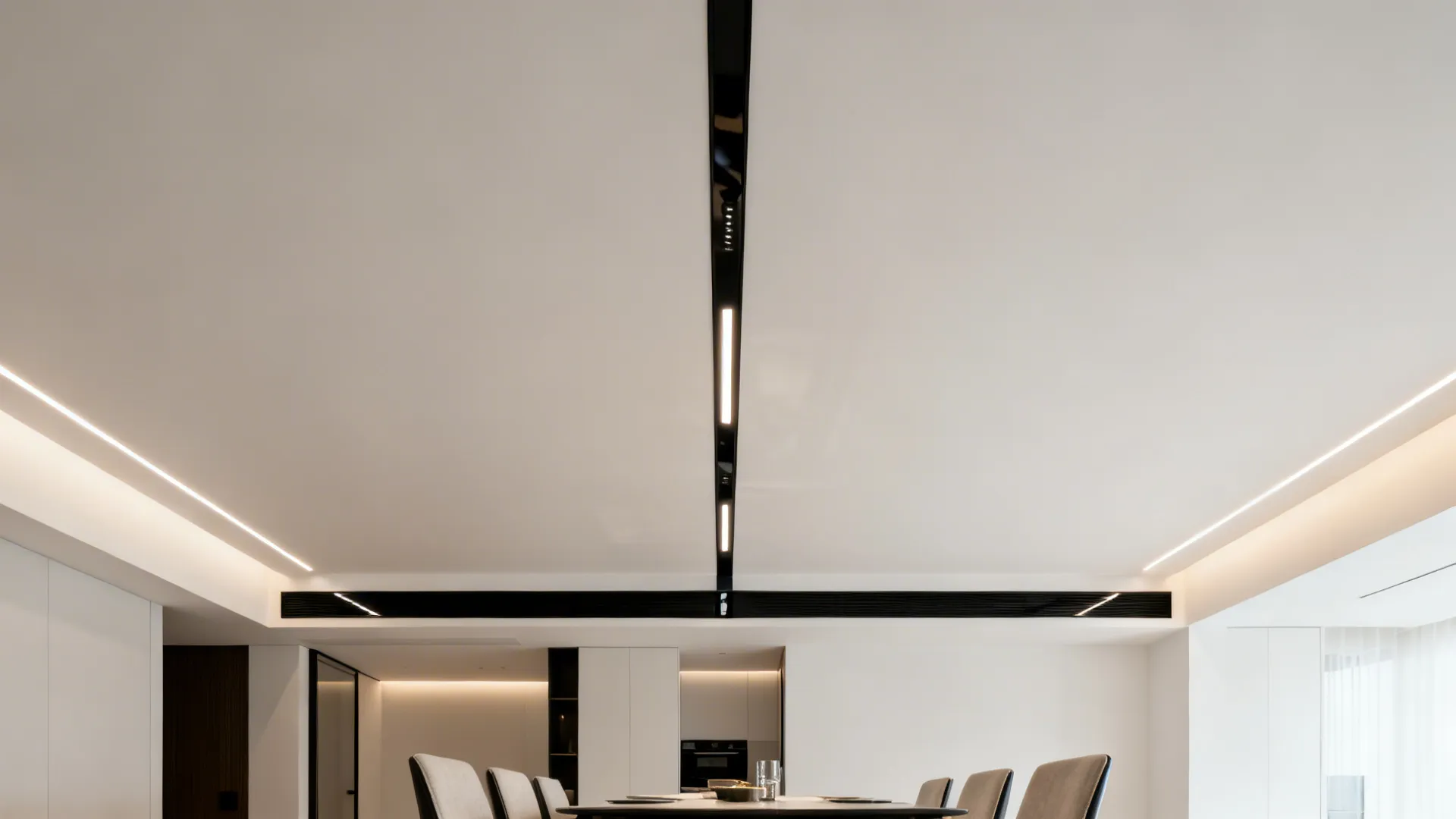 Living–dining ceiling with a central black linear HVAC slot flanked by low-glare LED lines.