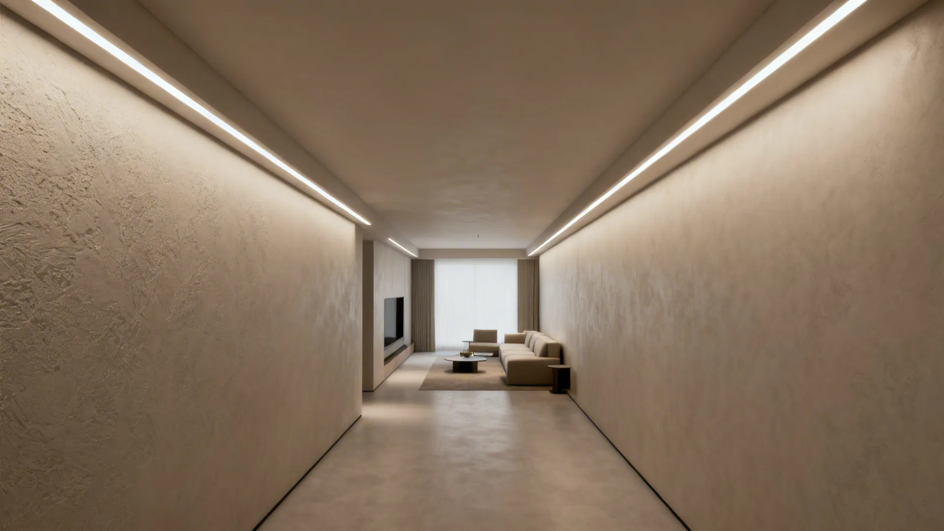 Narrow living room with two parallel linear ceiling light slots that elongate the space.