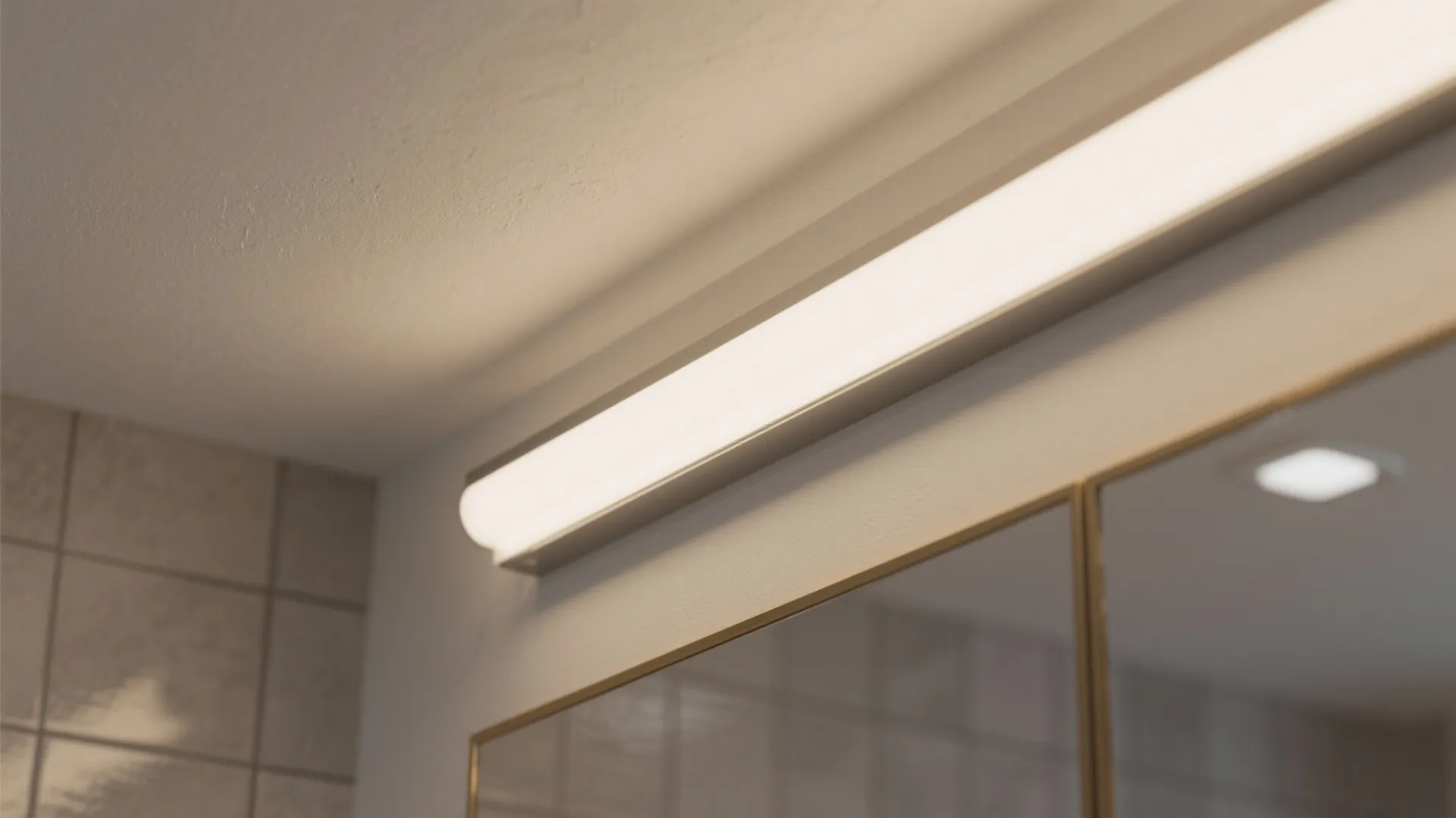 Close up of a long white light fixture installed on a wall above bathroom mirrors