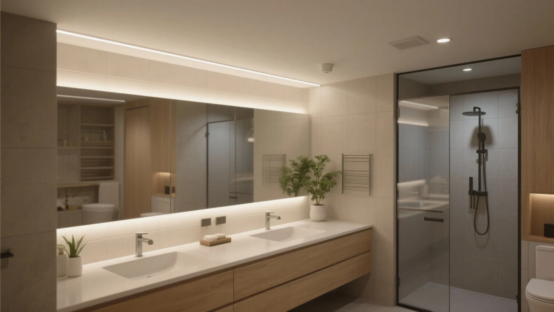 Modern bathroom with double sink wood cabinet large mirror glass shower door and warm lighting