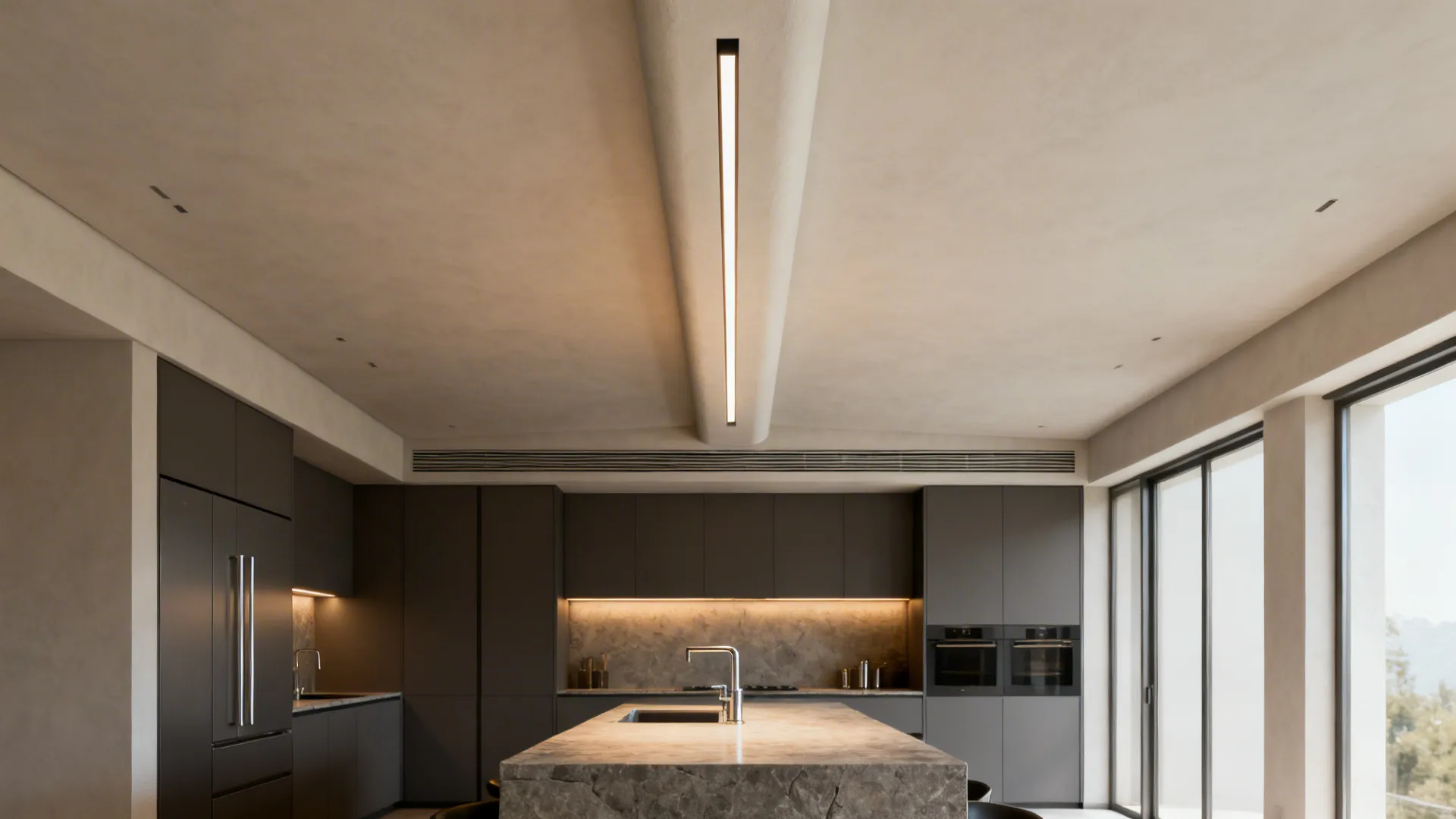 Kitchen ceiling with a central gypsum spine integrating a linear LED and slot diffuser above the island.