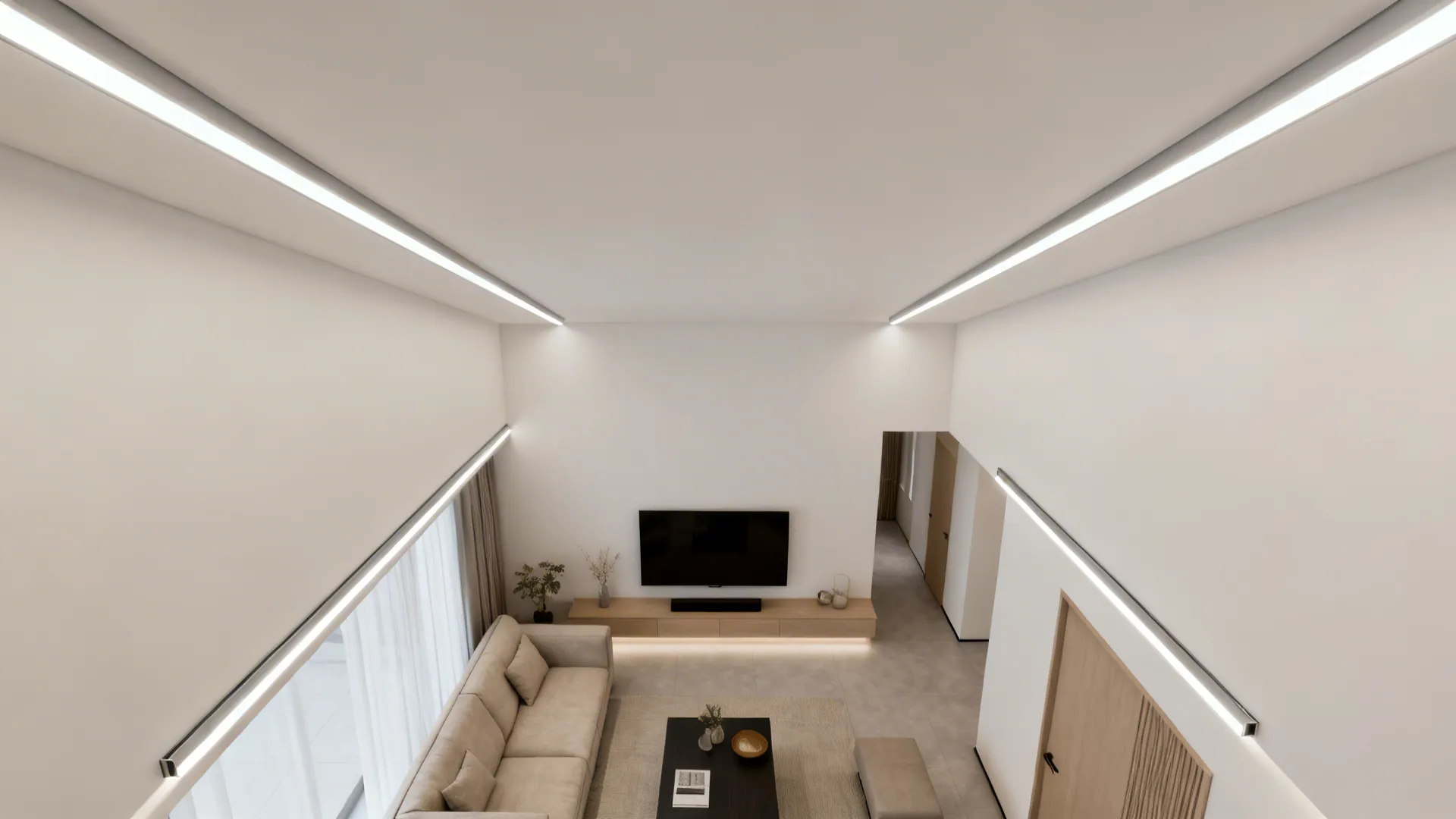 Linear slot lights aligned with furniture