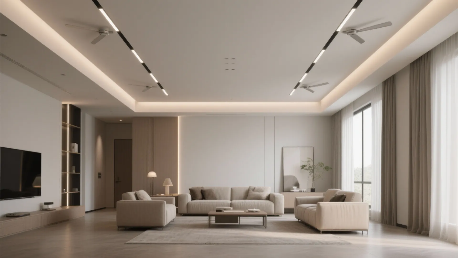 1) Linear spine ceiling with dual fan bays