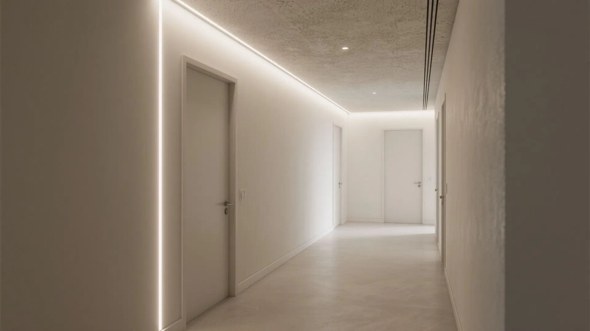 Minimalist white hallway with a bright linear led light strip glowing along the wall edge