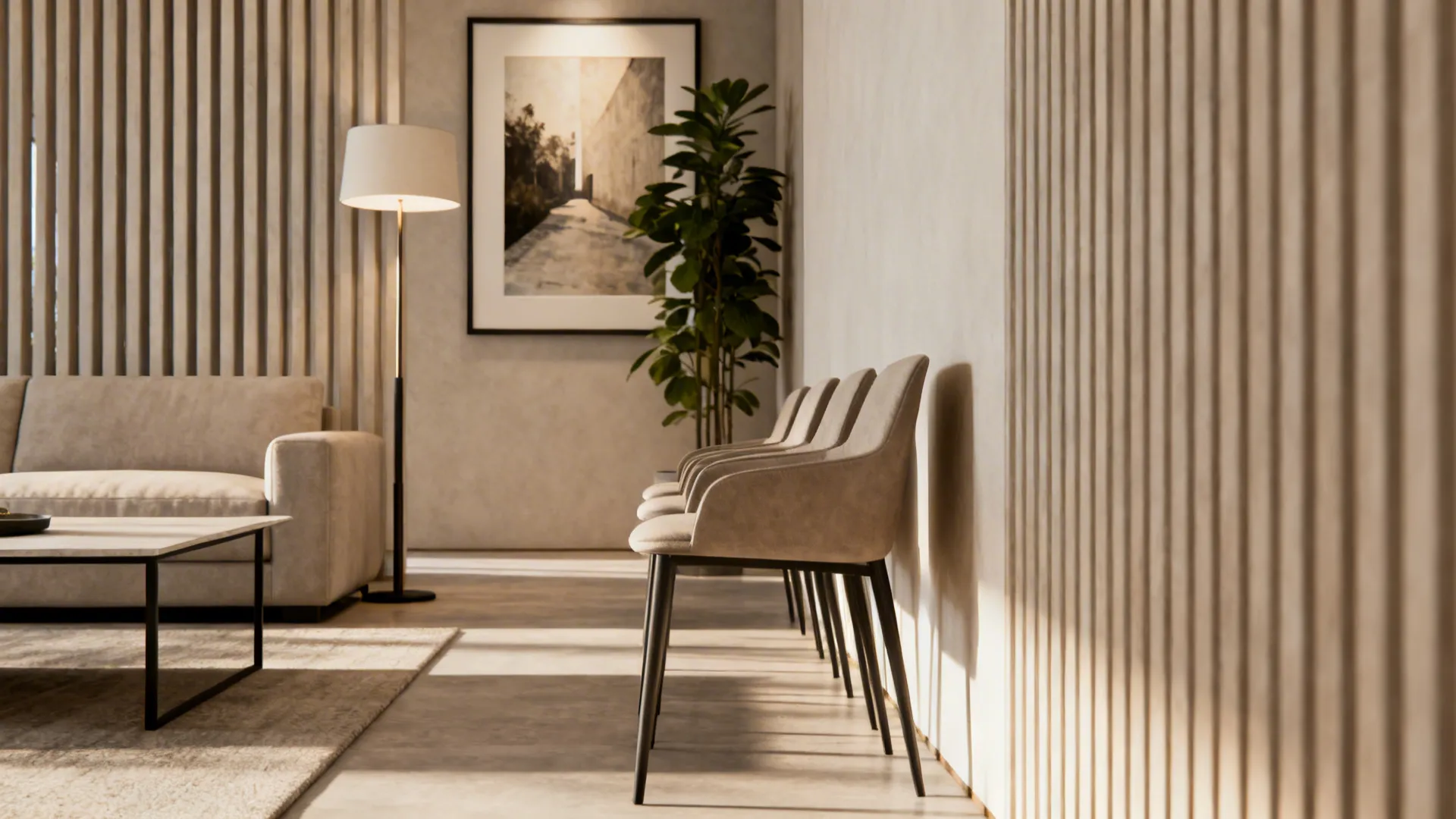 Linear furniture layout with staggered heights: lamp, plant, and artwork in a narrow living room.