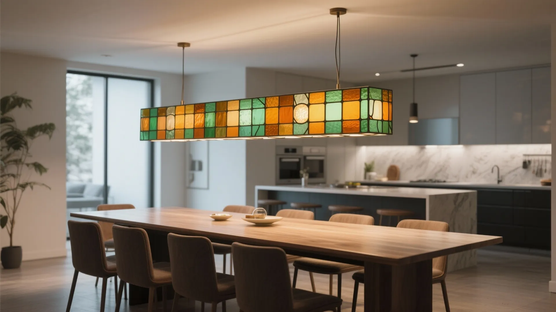 Rectangular table under a stained glass linear chandelier that visually lengthens the dining area.