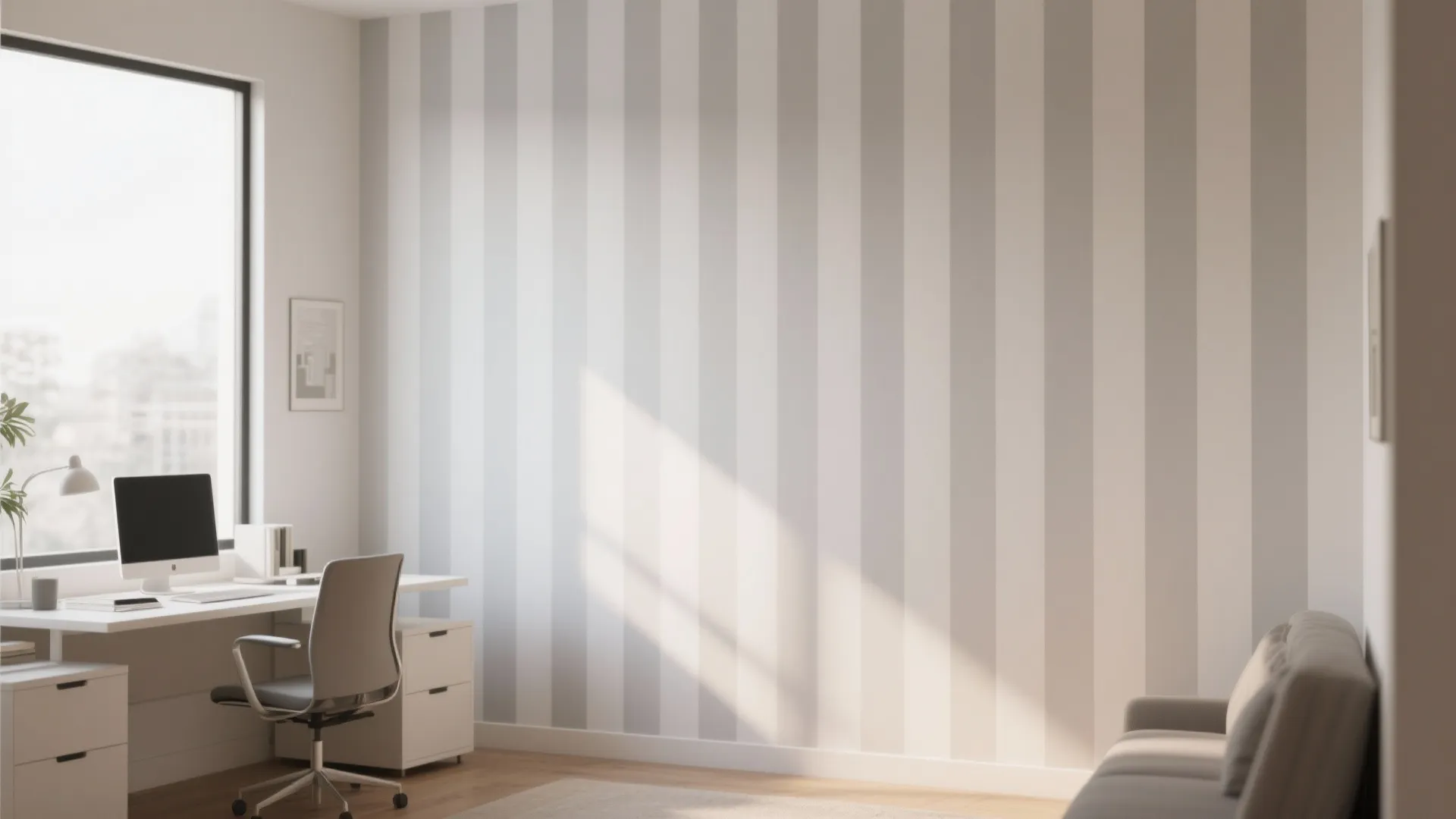Minimalist home office design with striped wallpaper white desk grey chair sofa and large window