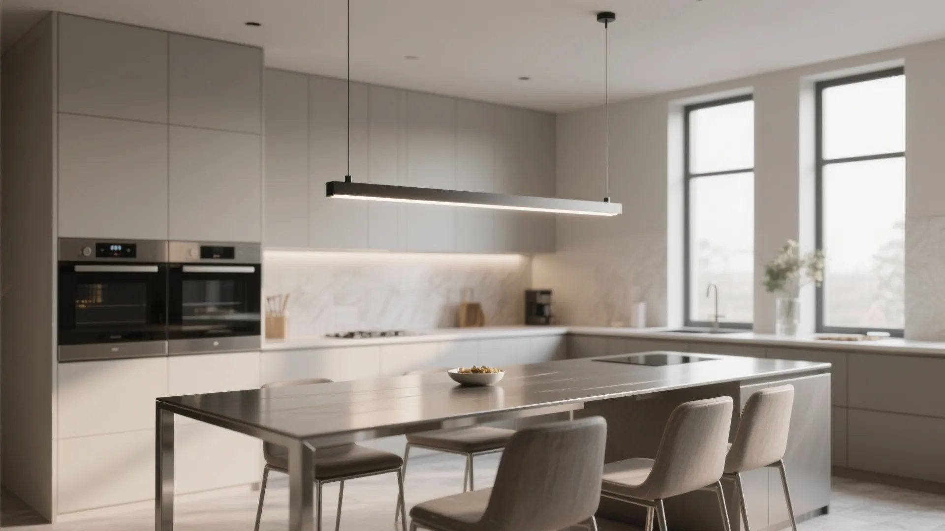 Minimalist grey kitchen with long black linear light fixture hanging over a modern breakfast bar