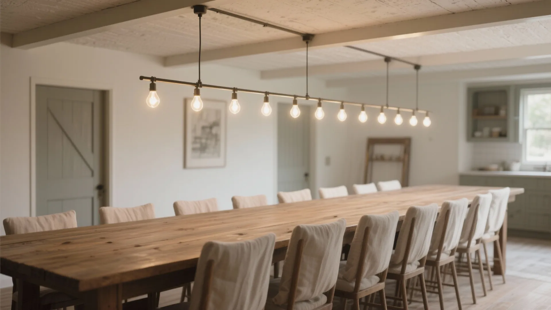 Long farmhouse table illuminated evenly by a linear suspension fixture with multiple bulbs.