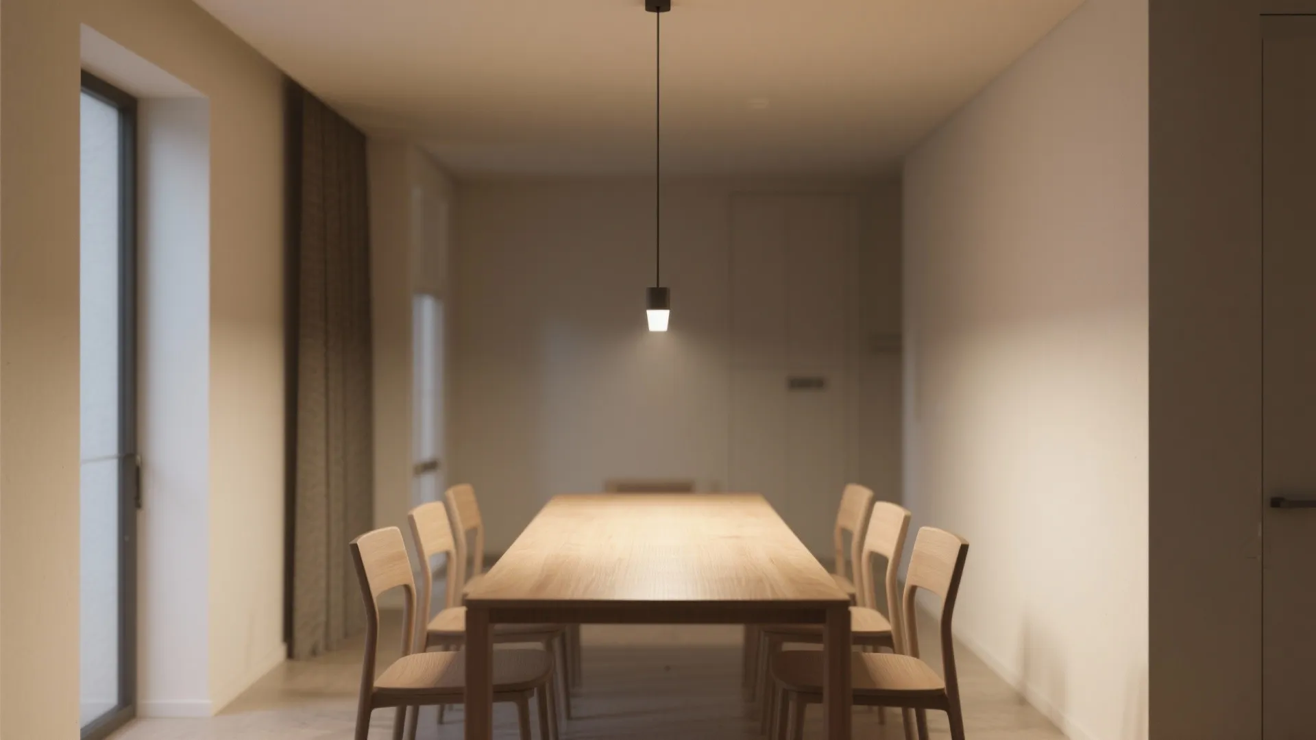 Minimalist dining area featuring long wooden table with simple chairs and small hanging light fixture