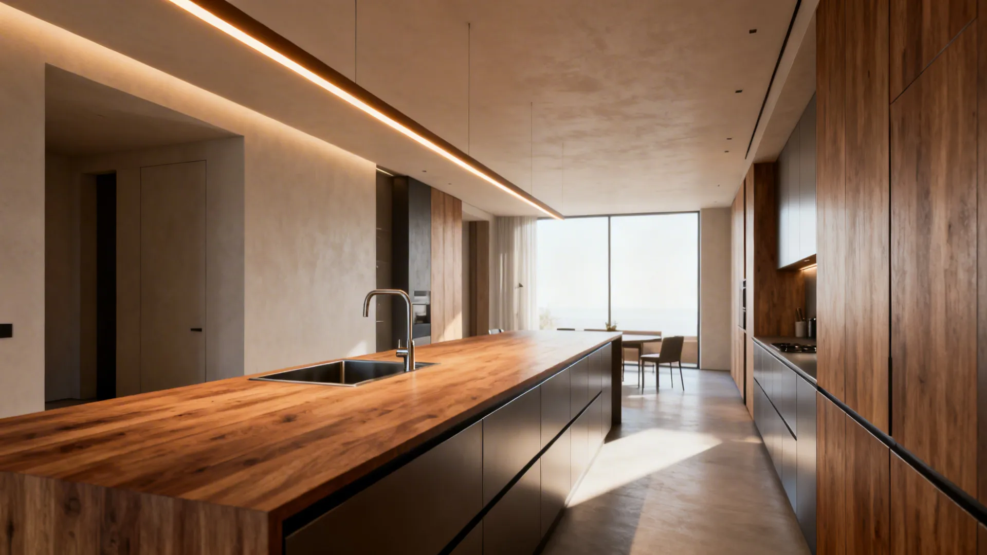 Long kitchen island with a sleek linear suspension light providing even warm illumination