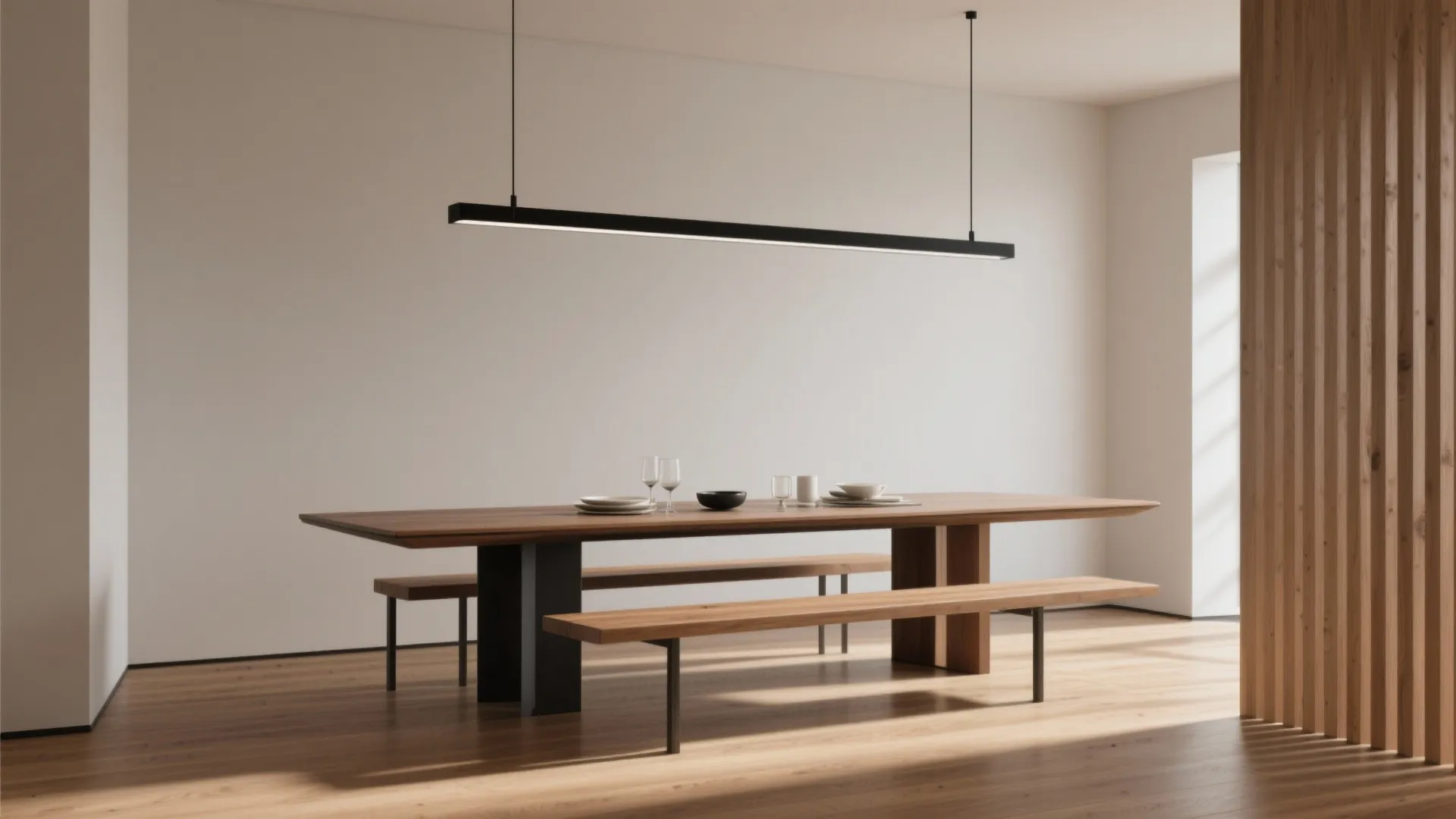Dining room with black linear suspension light over table