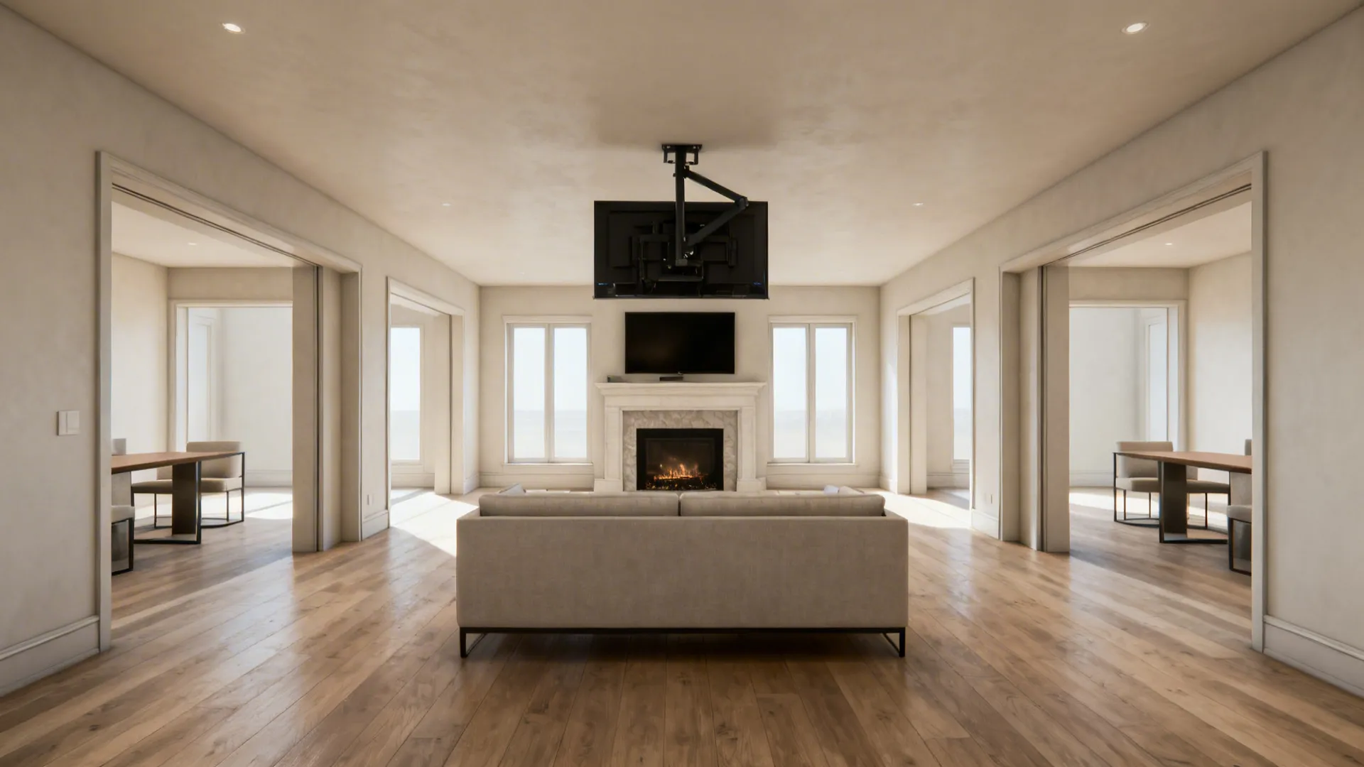 Symmetrical living room design with grey sofa, stone fireplace, wall television, wooden floor, and lights