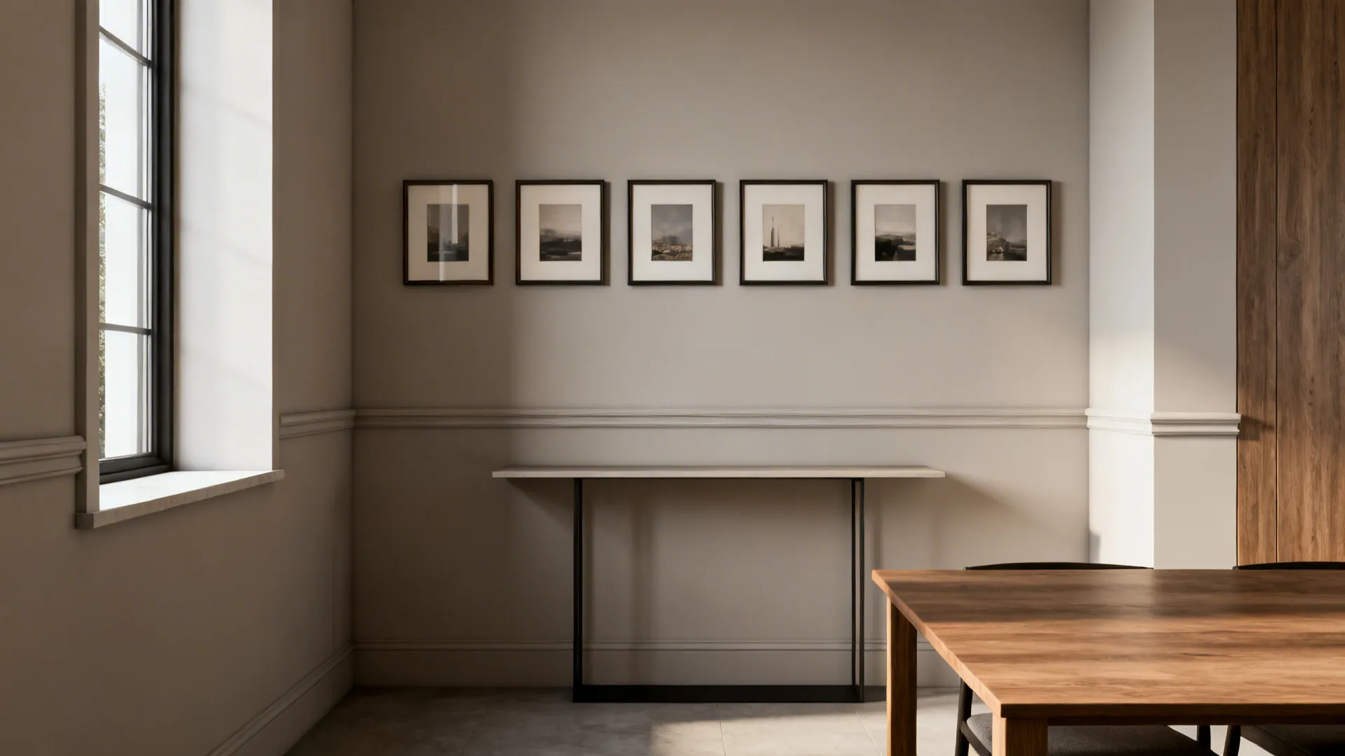 Linear row of same-sized frames above a console in a narrow dining nook with soft daylight.