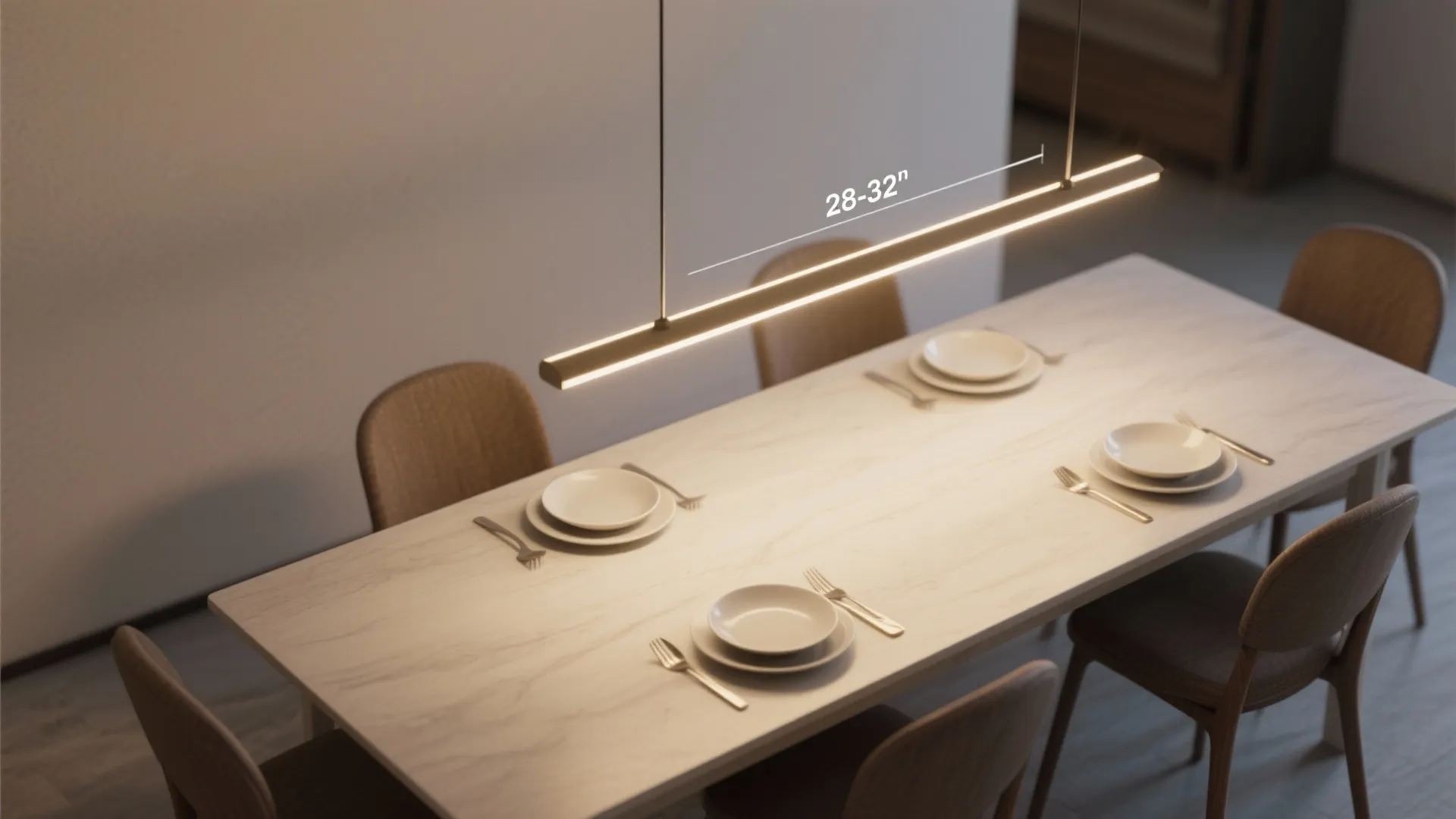 Low-slung linear fixtures for narrow tables