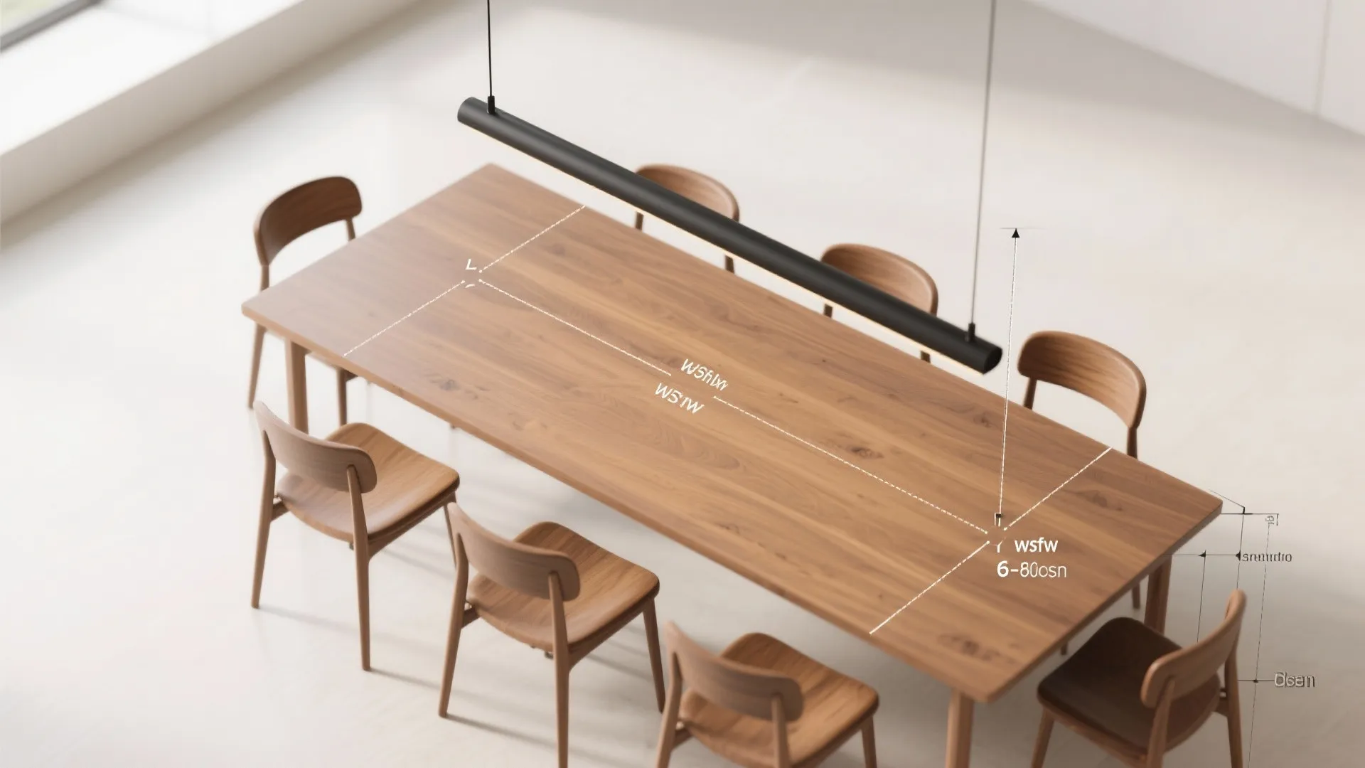 Modern wooden dining table with chairs showing measurement lines and black linear ceiling light fixture