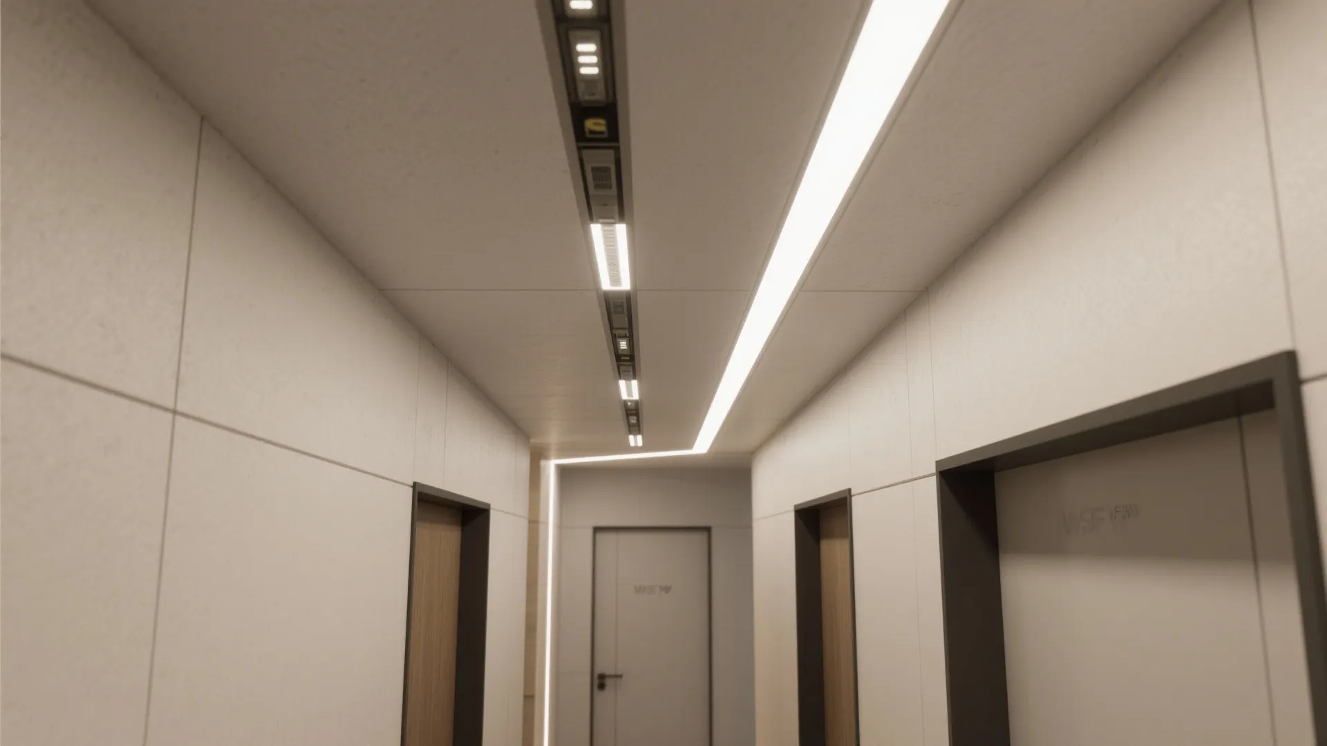 Modern hallway interior design with long white light fixture on ceiling and multiple office doors