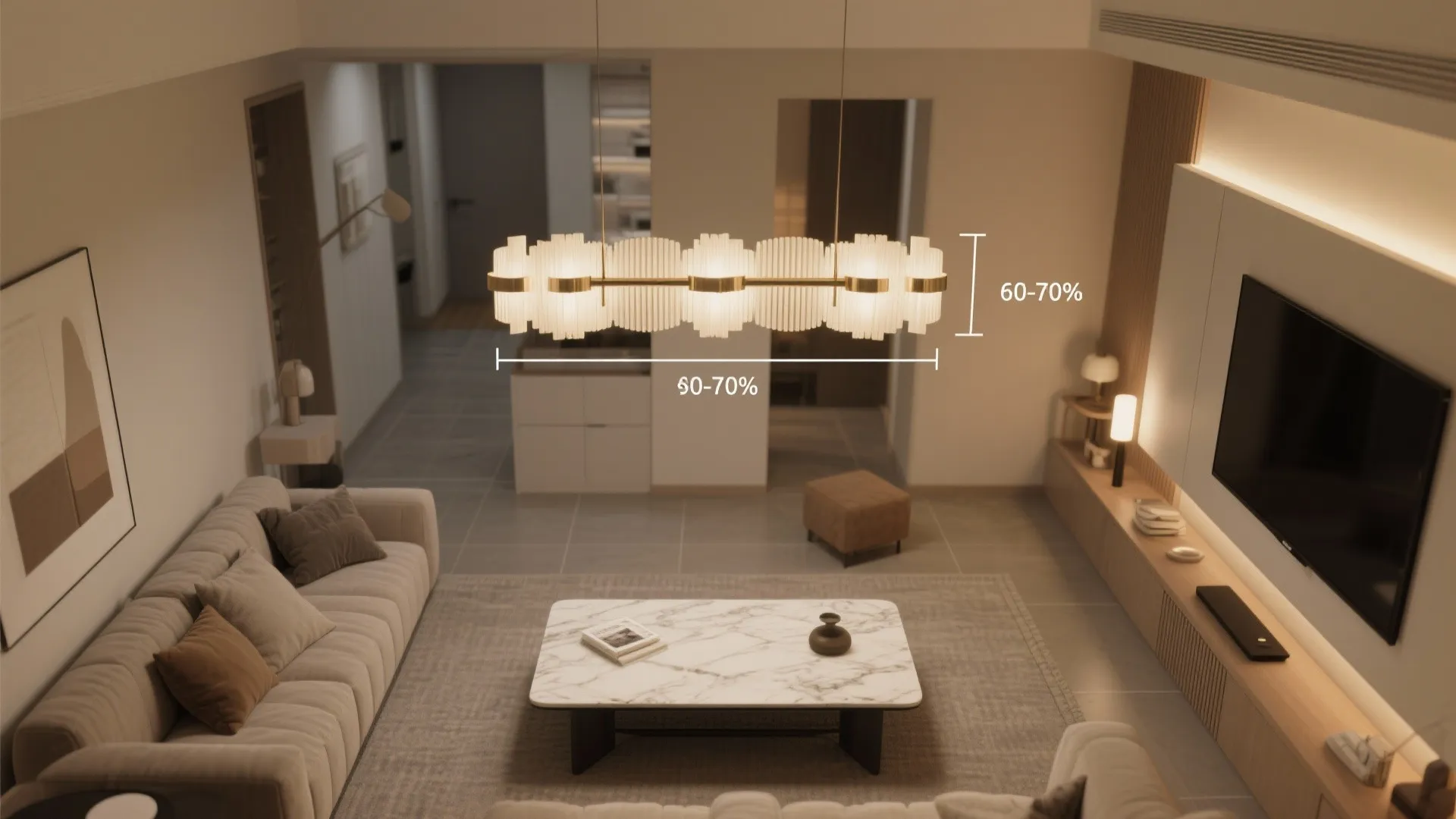 Petite Linear Chandelier Over Coffee Table