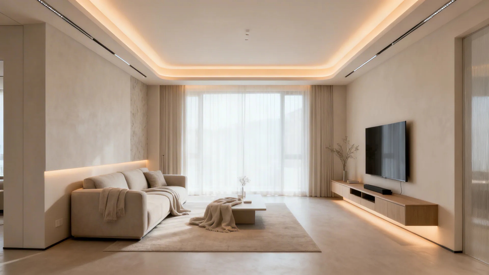 Minimalist cream living room with beige sofa wooden cabinet large windows and warm hidden lighting