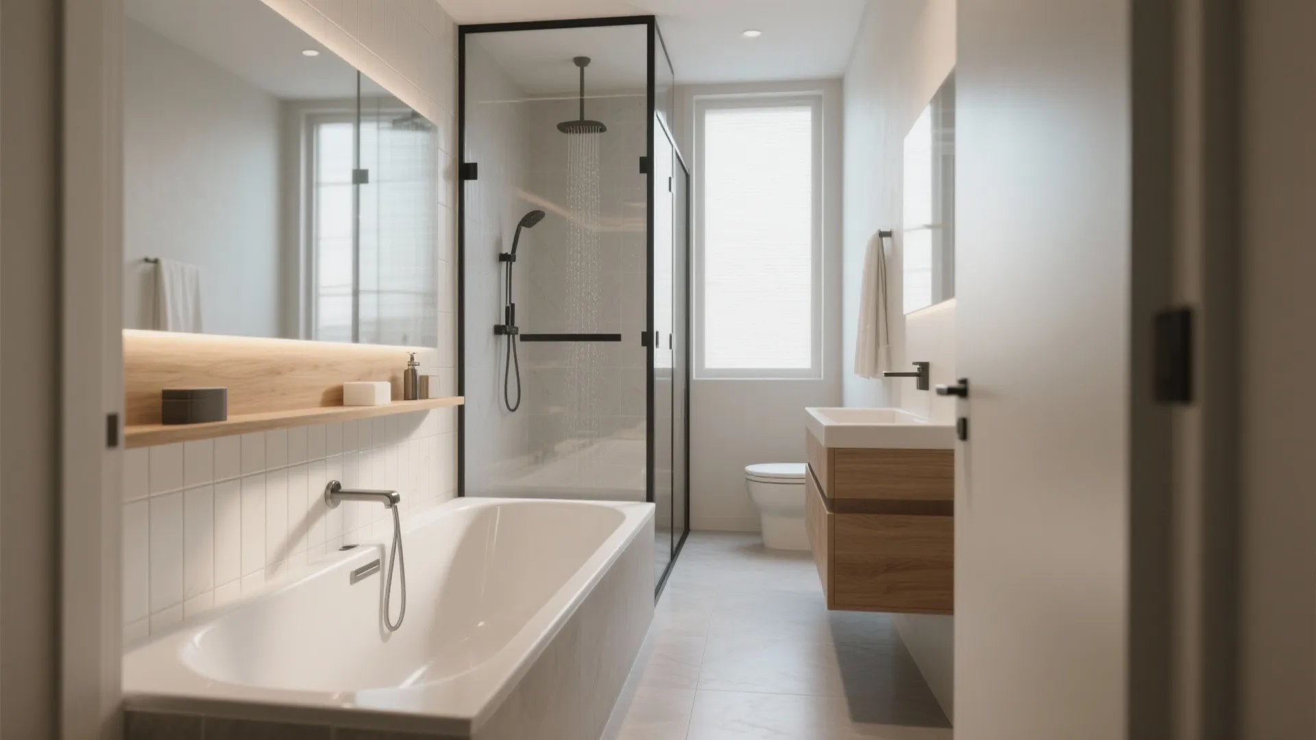 2. Linear bath-shower combo with a sliding glass panel