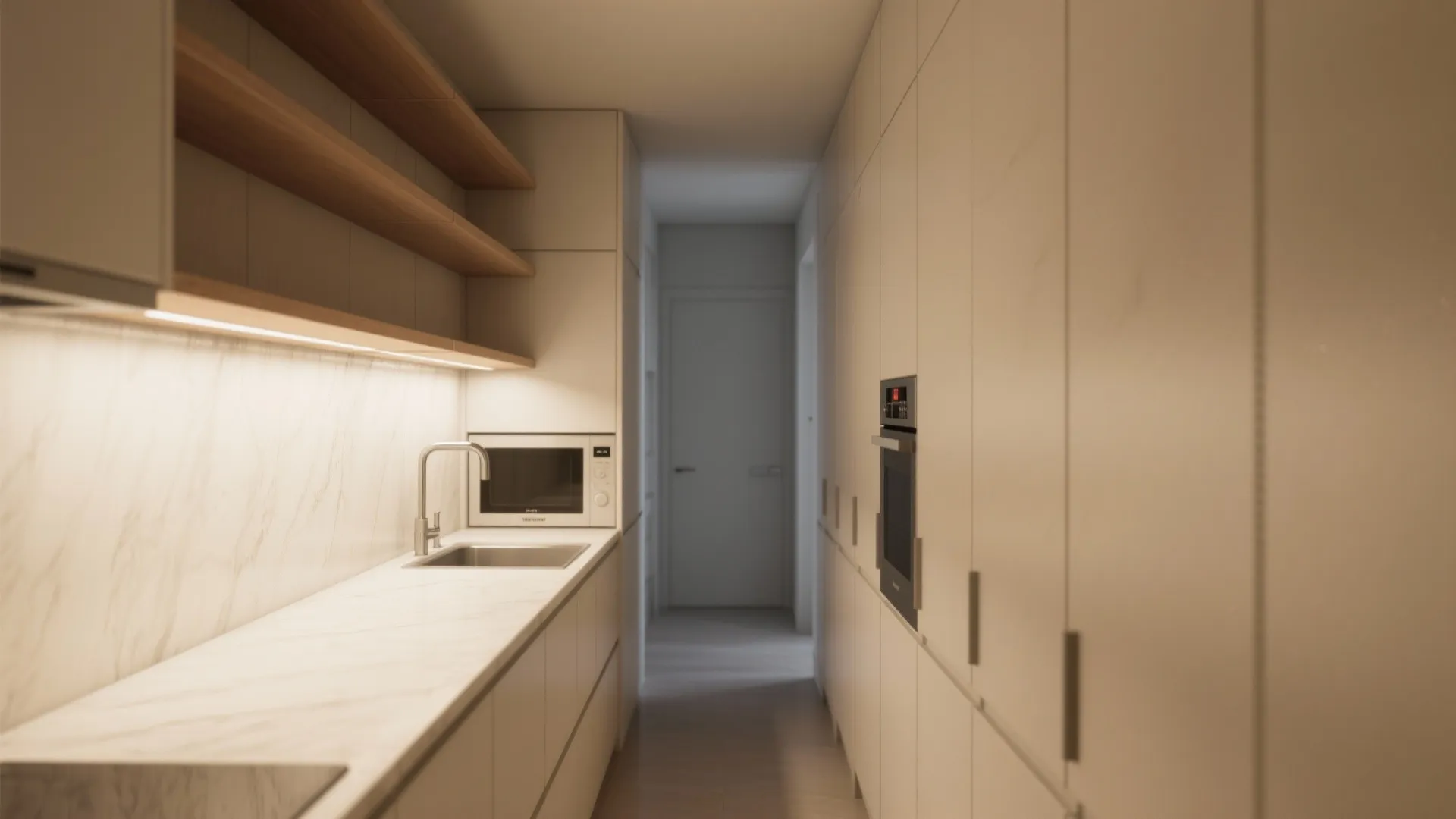 1. Slim Linear Kitchen with Vertical Storage