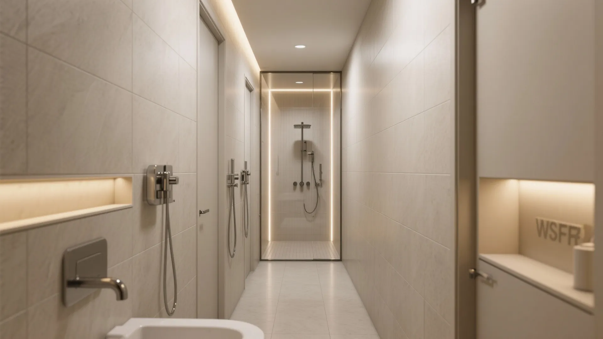 Long narrow bathroom showing a linear layout with fixtures on one wall and a frameless walk-in shower at the end.