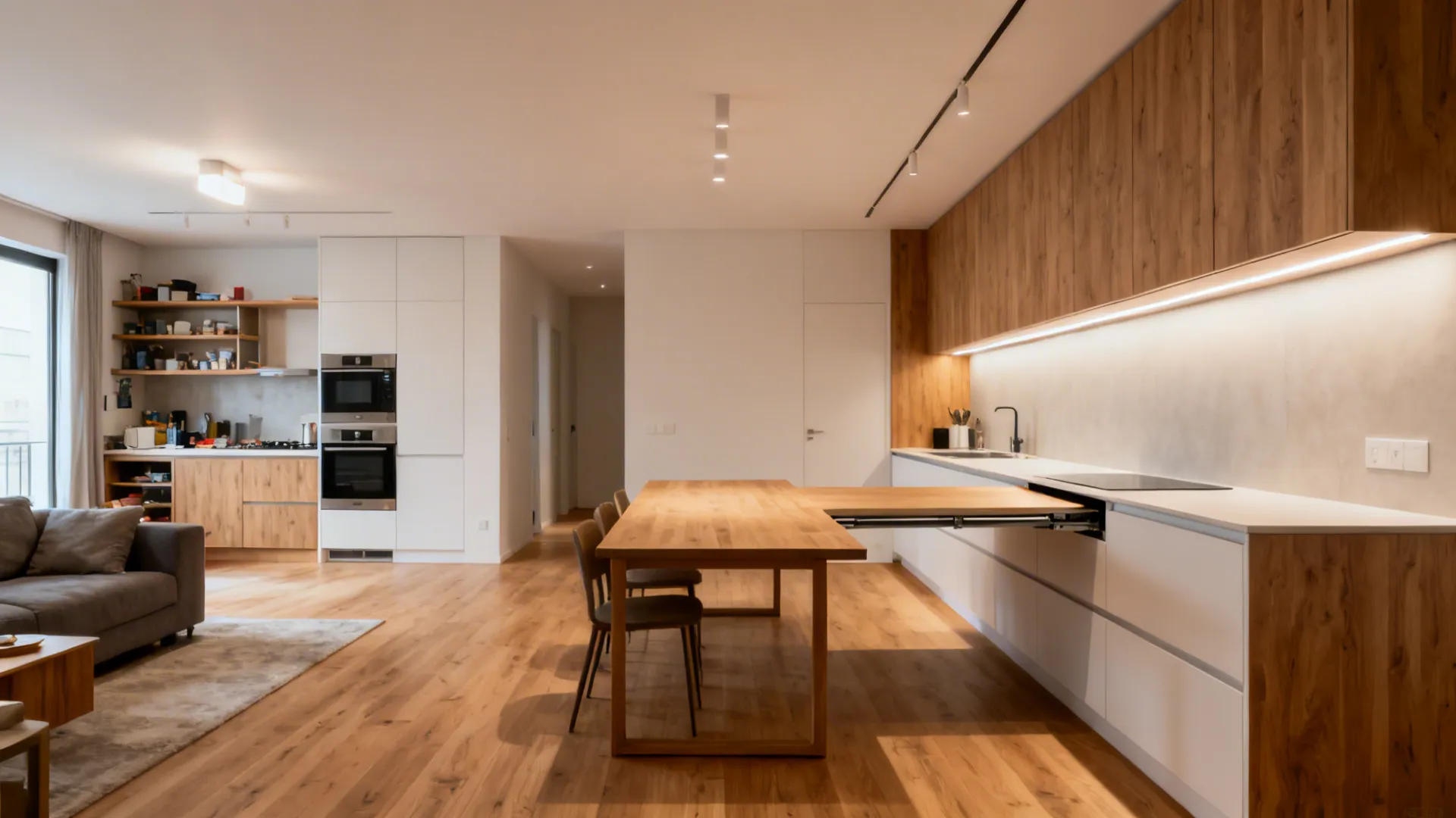 Before and after composite showing a cluttered wall kitchen transformed into a clean linear setup with fold-down dining.