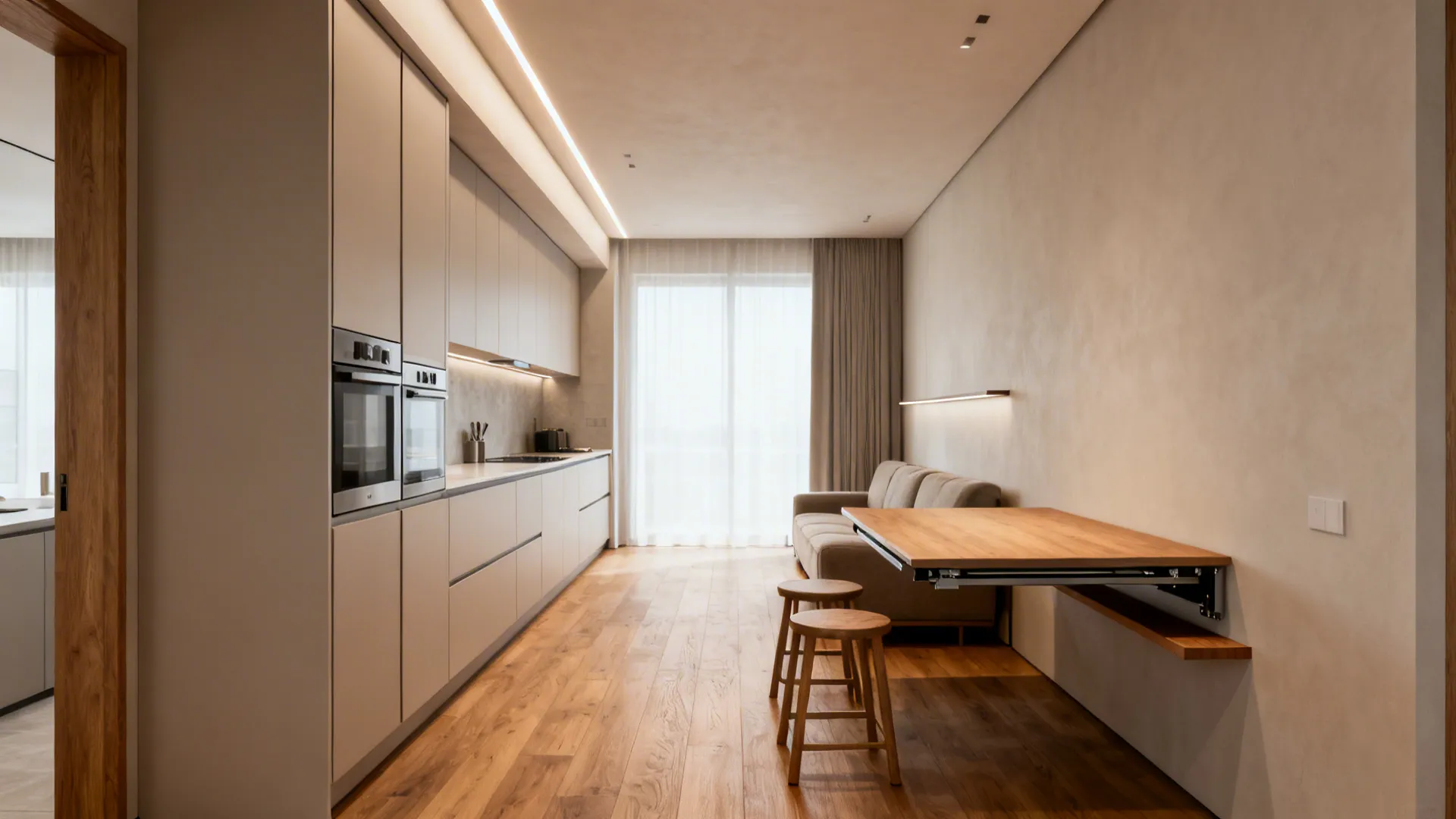 Linear wall kitchen with integrated appliances and a fold-down dining table in a compact living space.