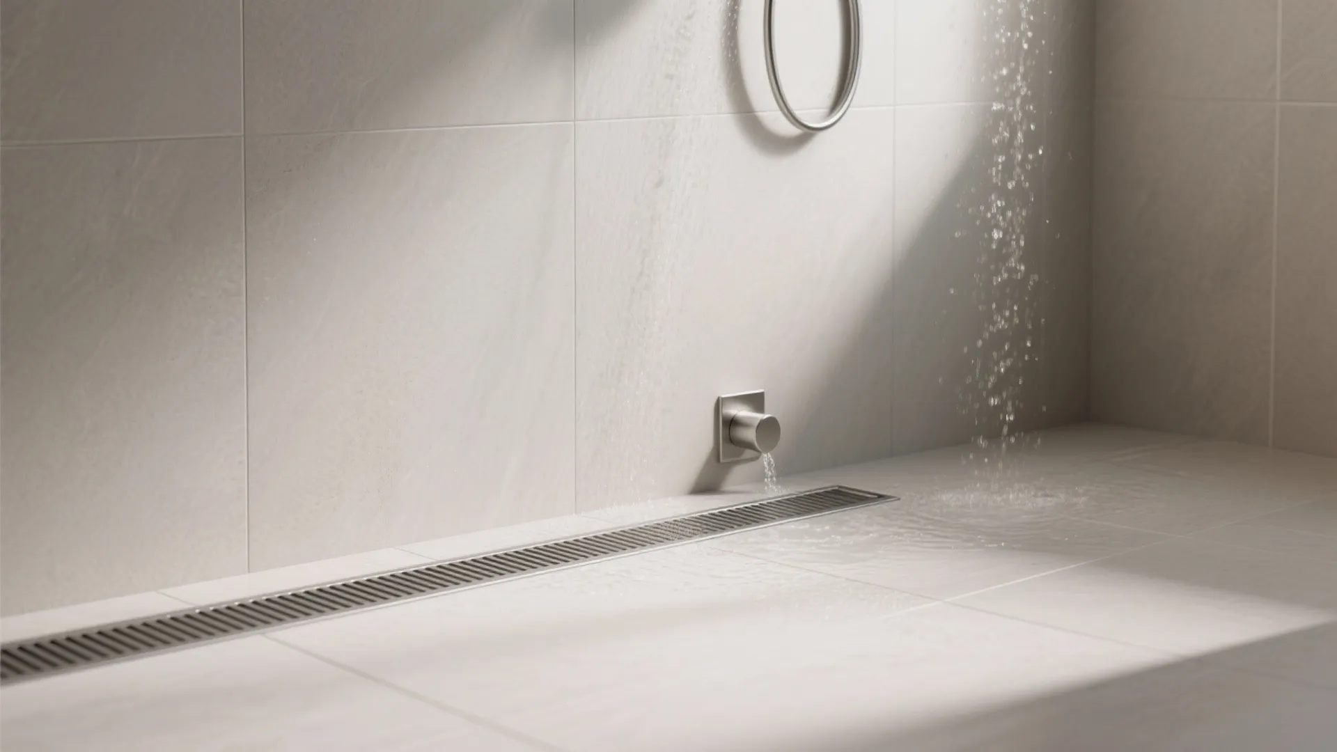Modern bathroom shower area with a long metal floor drain and water flowing from the wall