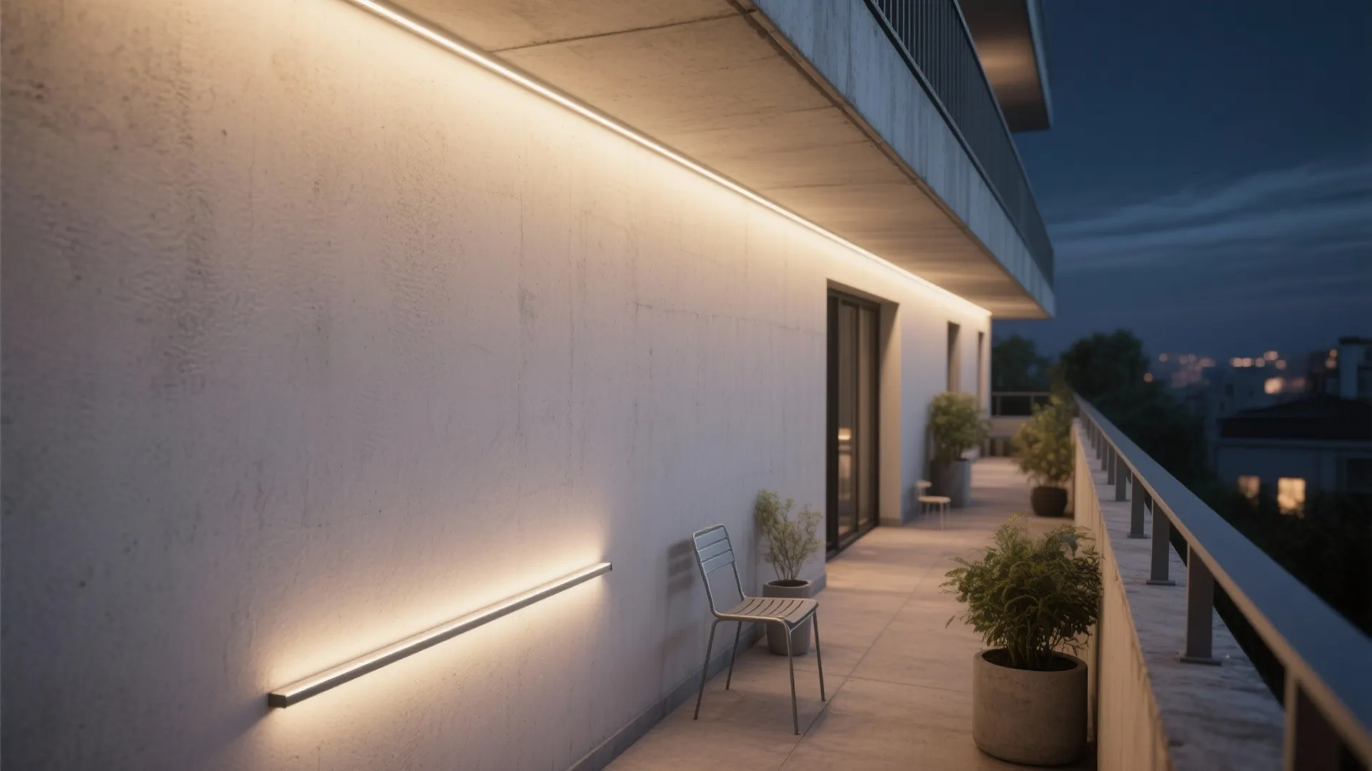 Modern apartment balcony at night featuring warm linear light fixtures on a white concrete wall