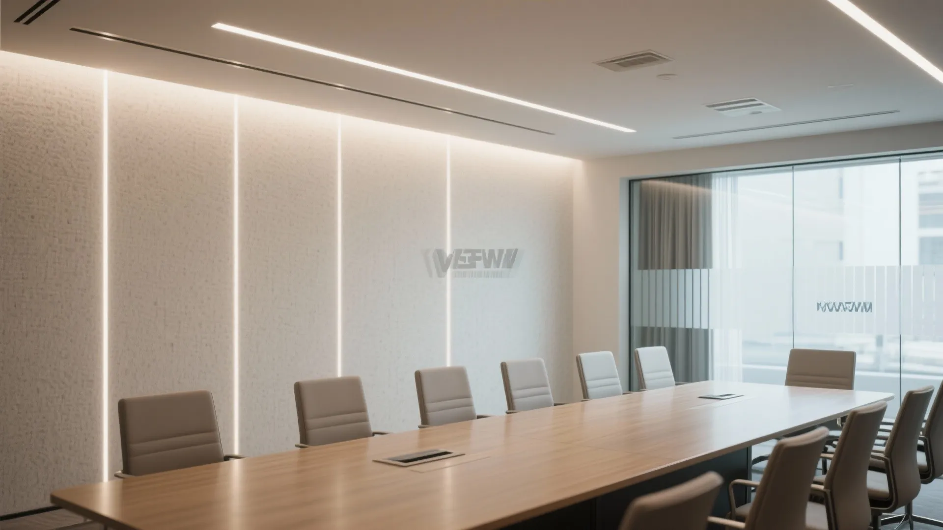 Modern office meeting room featuring a long wooden table grey chairs and linear light fixtures