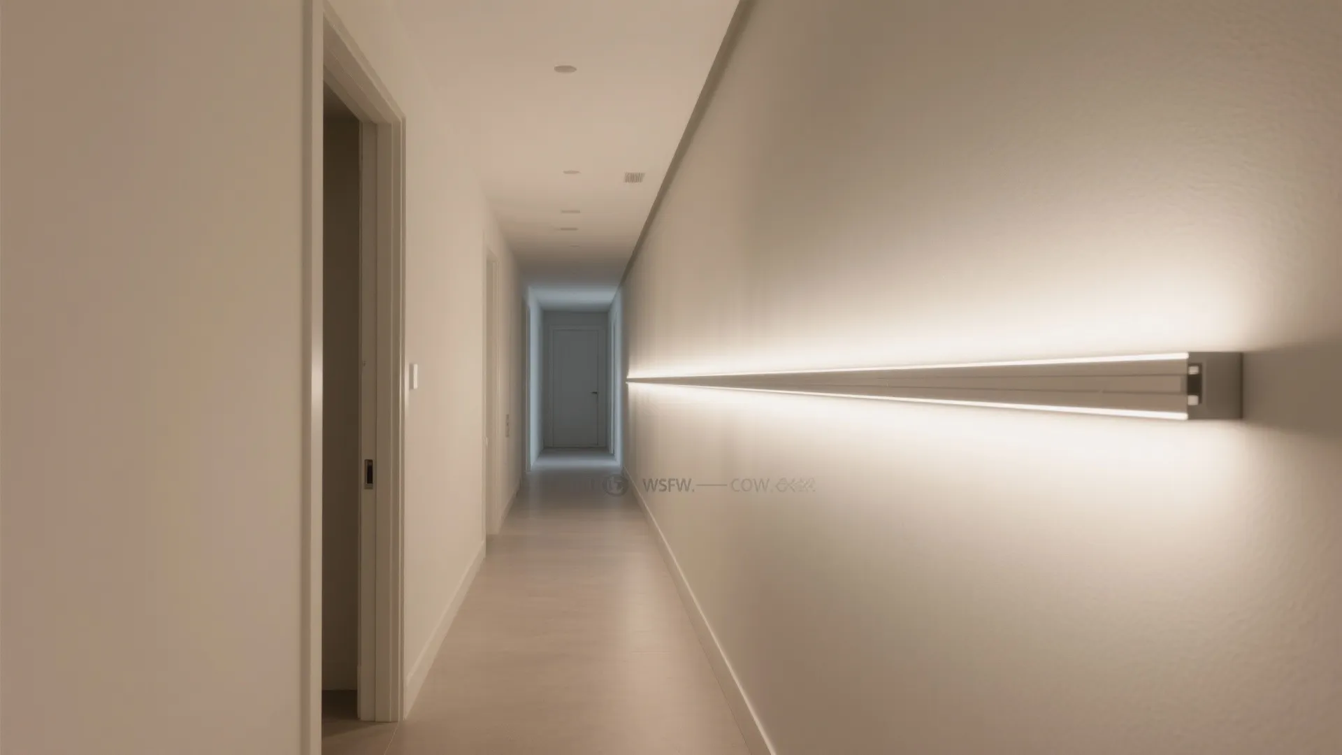 Modern white hallway with a long horizontal light fixture glowing on the plain side wall