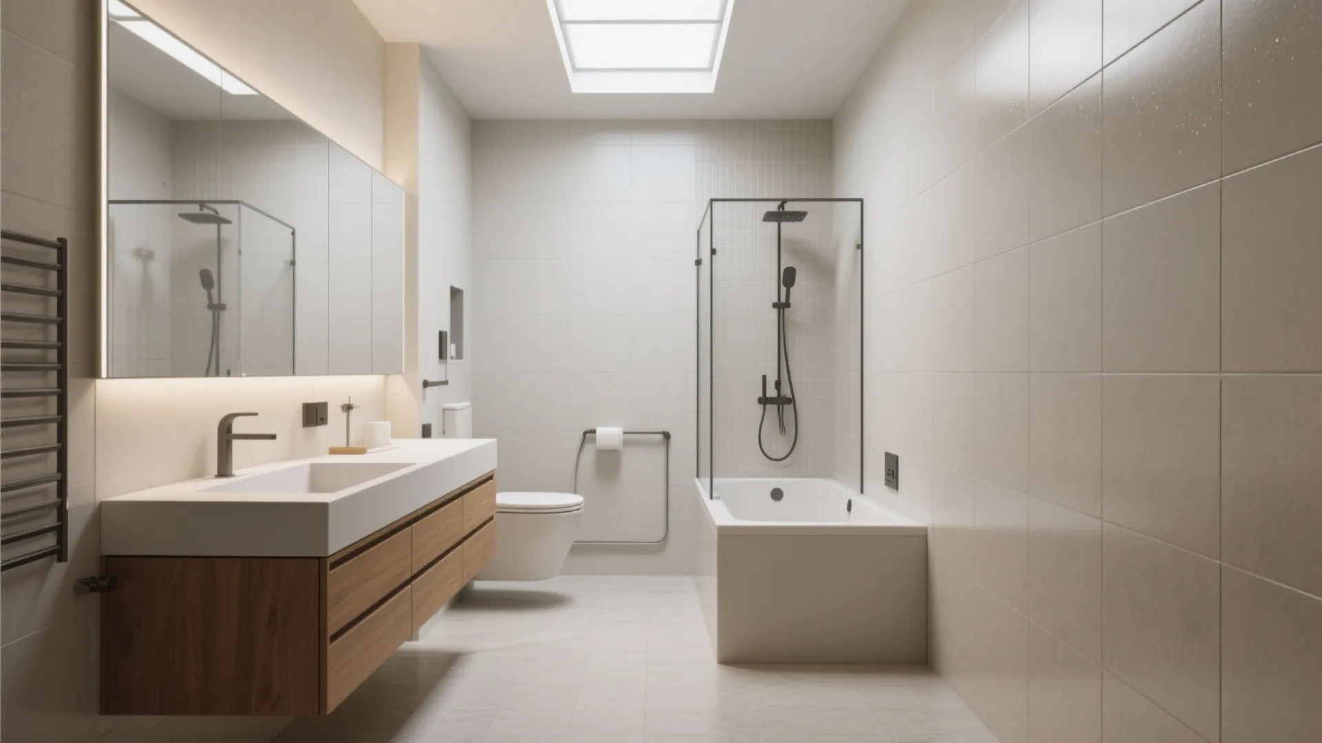 Minimalist white bathroom with floating wood cabinet sink and small bathtub under a square skylight