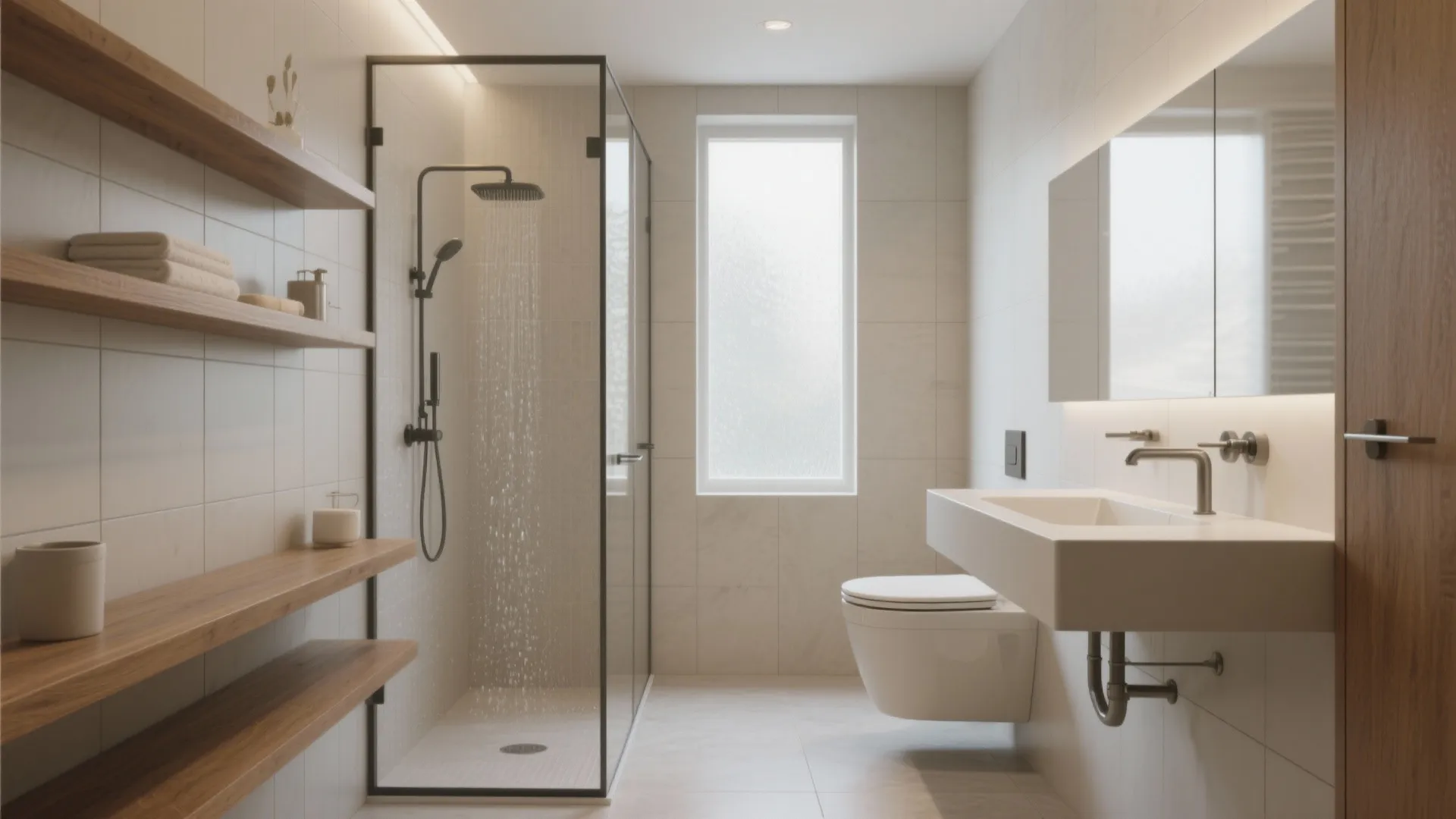 Linear wet-wall bathroom with shower, slim vanity and wall-hung toilet in a compact layout