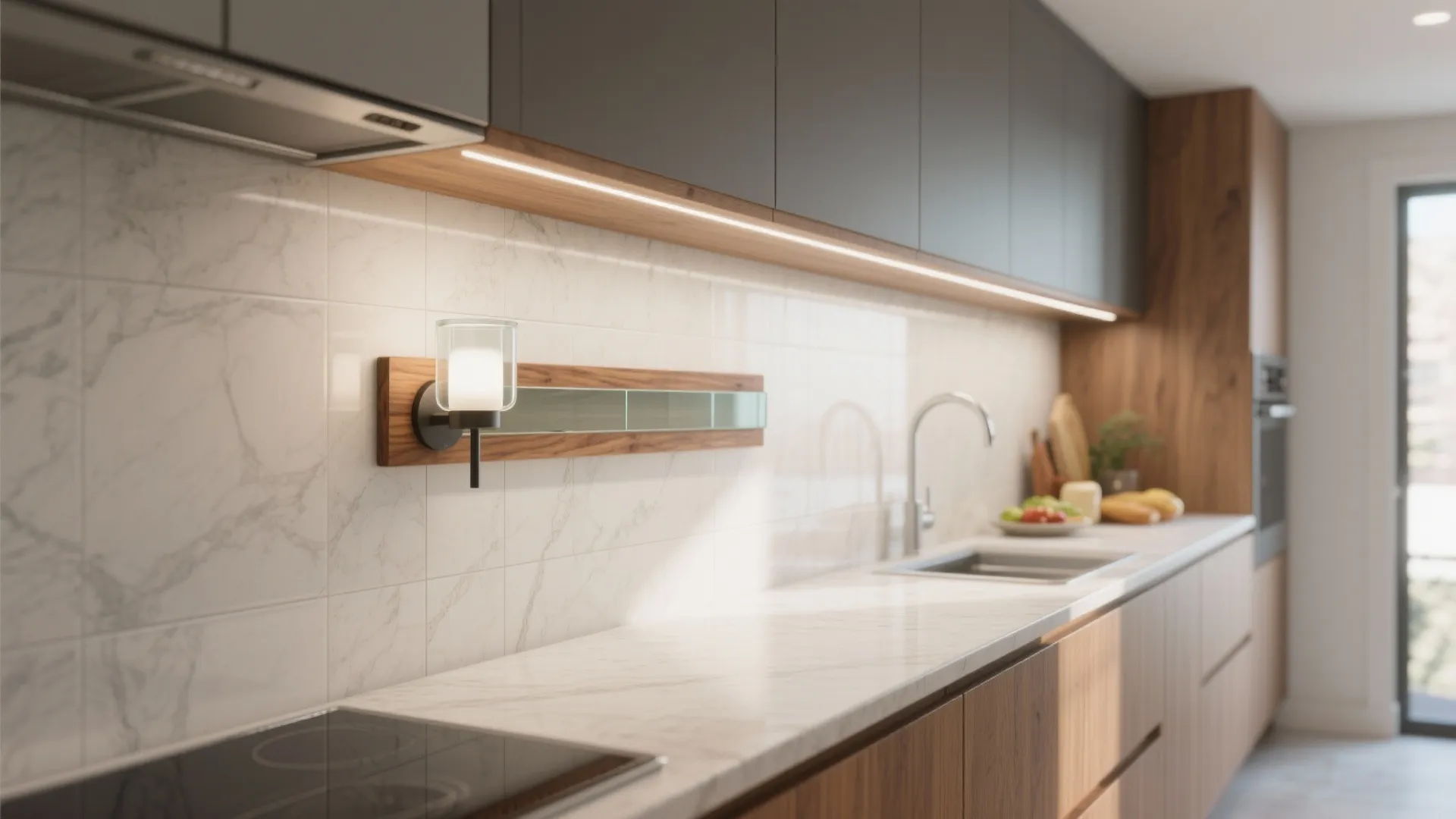Linear wood-and-glass combinations for clean, brighter backsplash washes