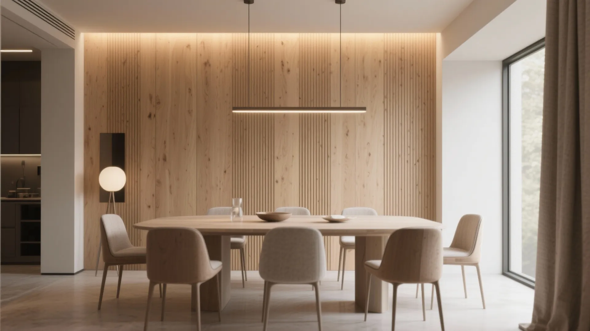 Modern dining room with large wooden table grey chairs vertical wall panels and linear light